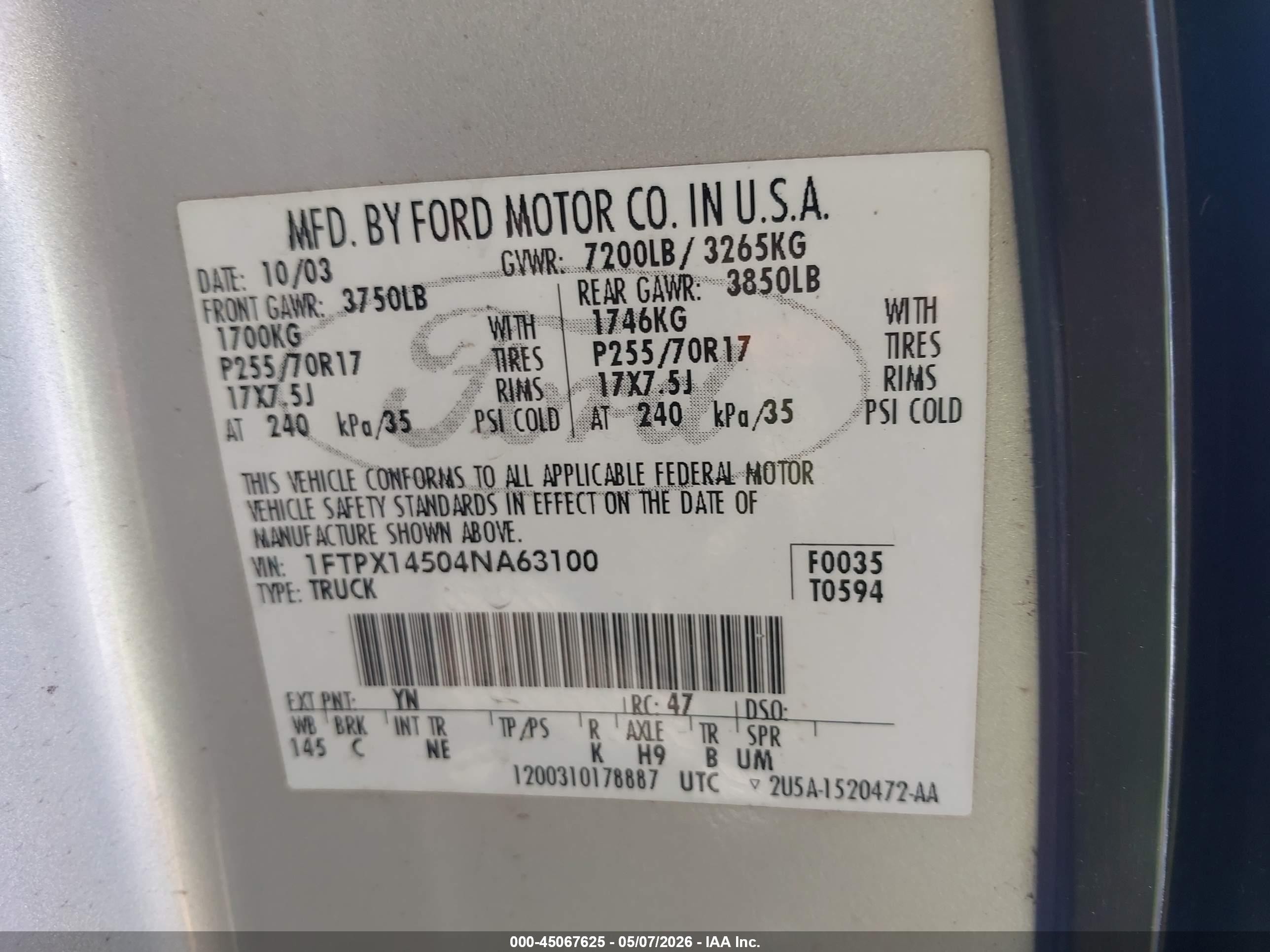 2004 Ford F-150 Fx4/lariat/xl/xlt Silver vin: 1FTPX14504NA63100