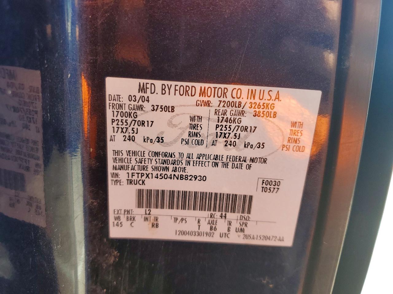 2004 Ford F150 Blue vin: 1FTPX14504NB82930