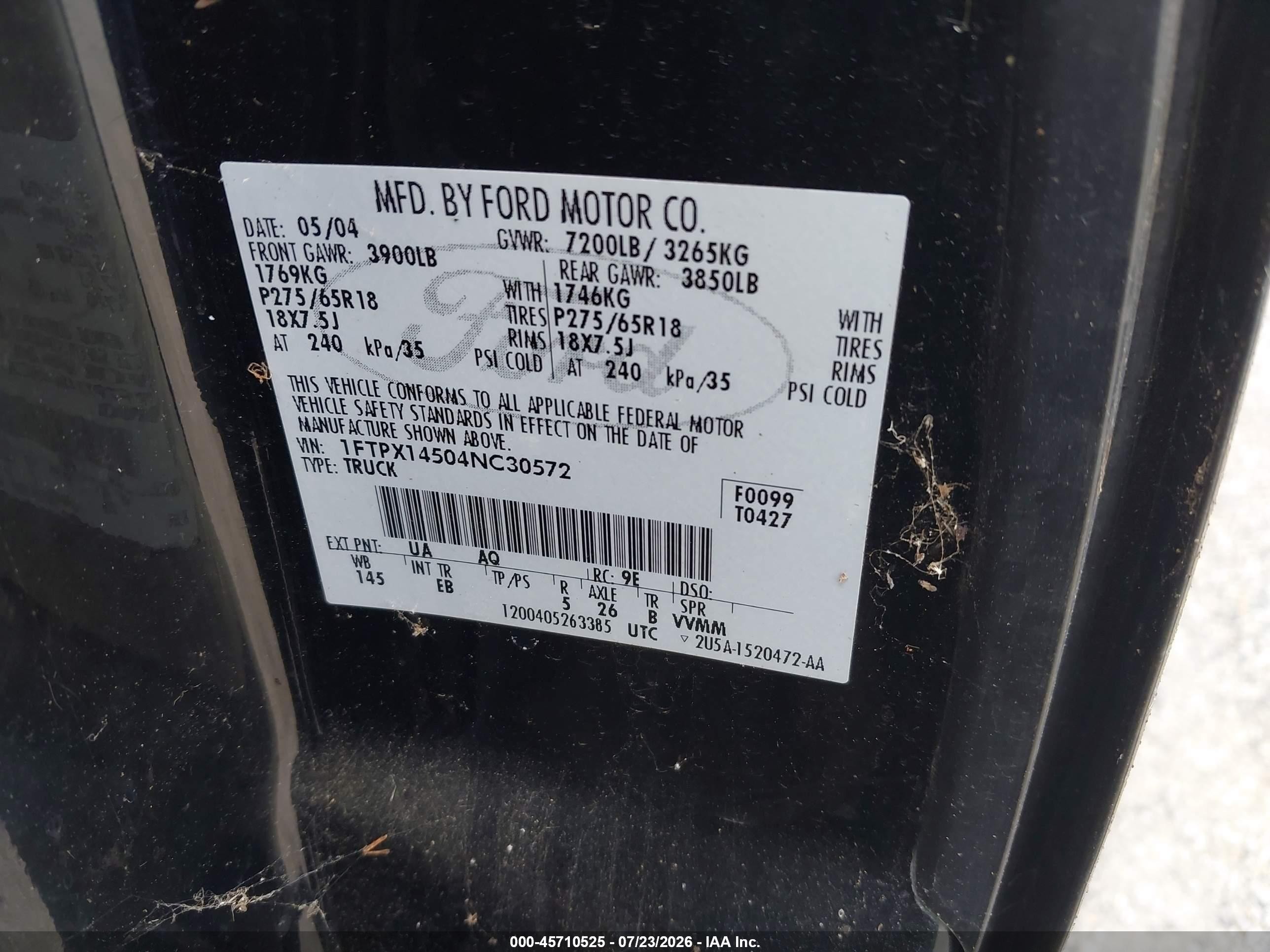 2004 Ford F-150 Fx4/lariat/xl/xlt Black vin: 1FTPX14504NC30572