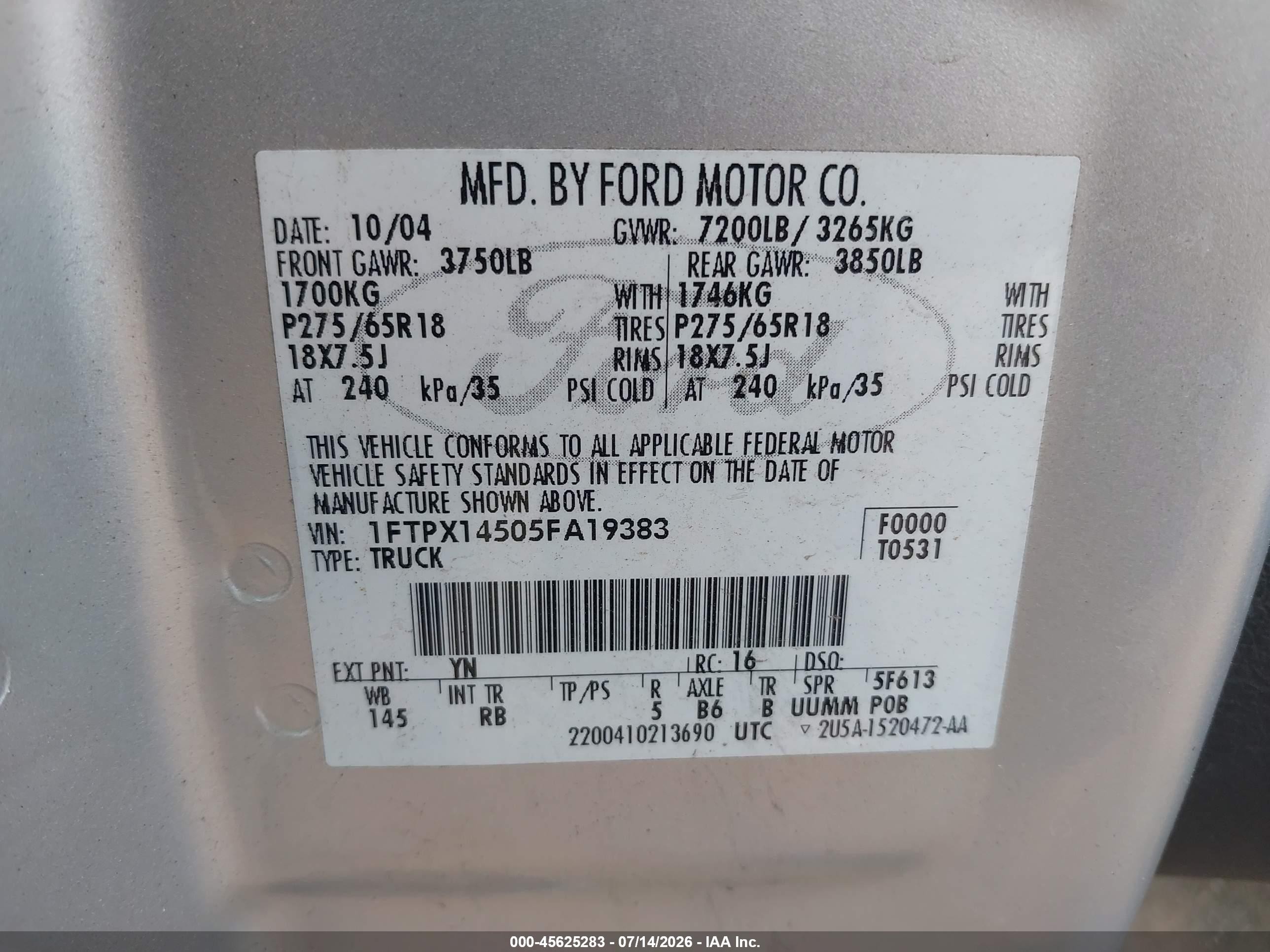 2005 Ford F-150 Fx4/lariat/xl/xlt Silver vin: 1FTPX14505FA19383