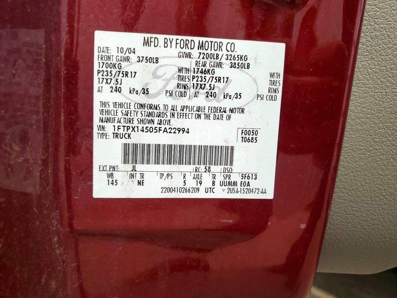 2005 Ford F150 Burgundy vin: 1FTPX14505FA22994