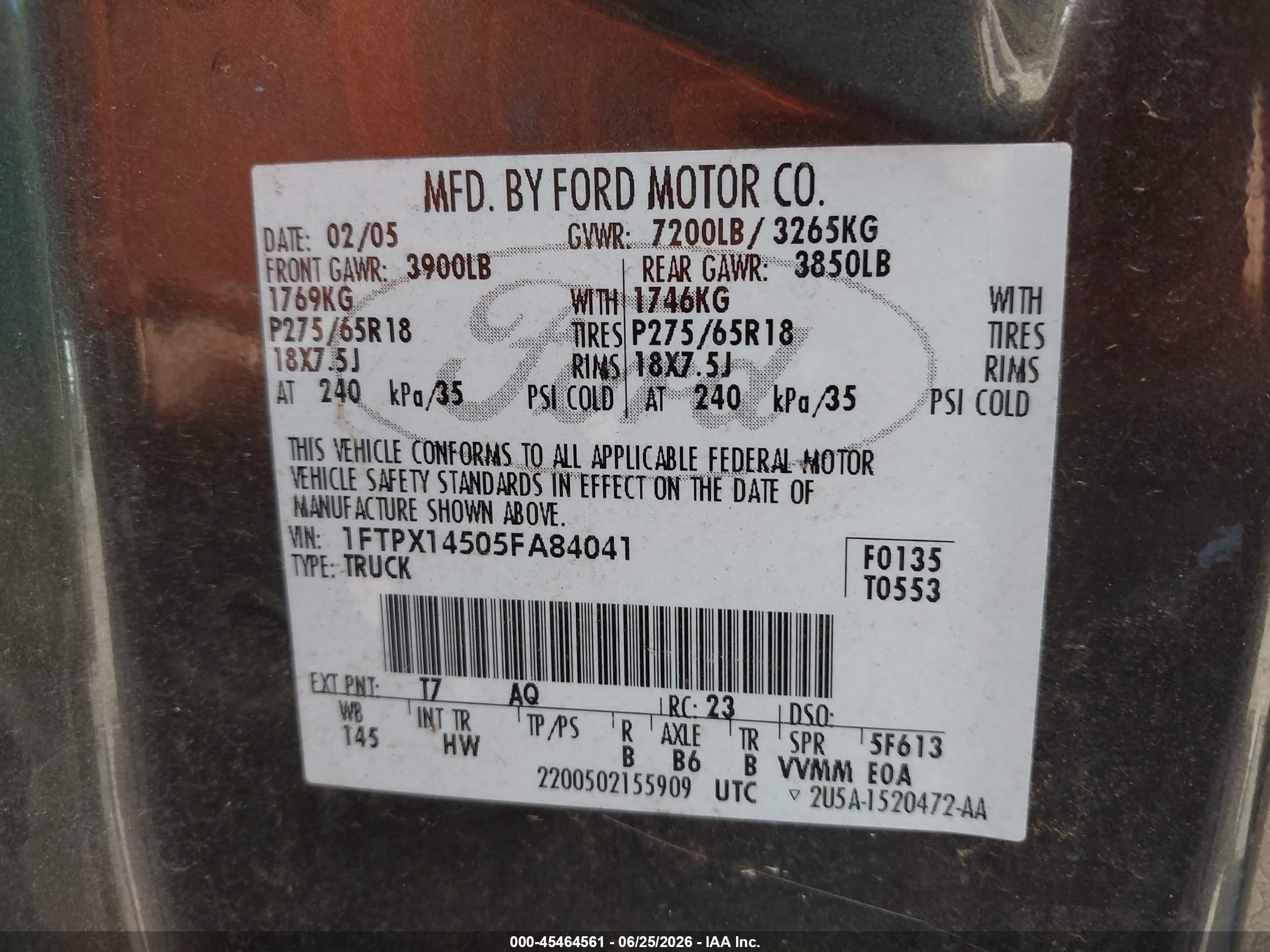 2005 Ford F-150 Fx4/lariat/xl/xlt Gray vin: 1FTPX14505FA84041