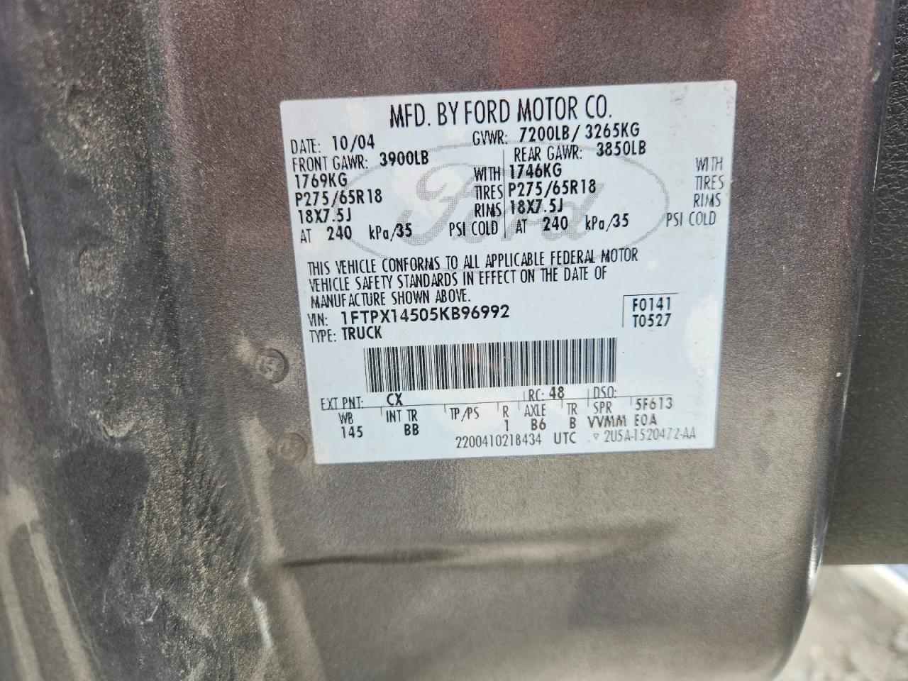 2005 Ford F150 Gray vin: 1FTPX14505KB96992