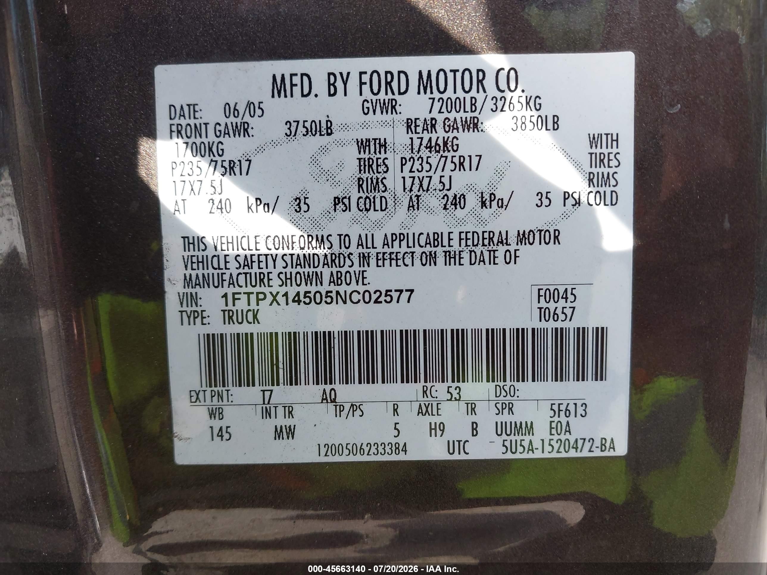 2005 Ford F-150 Fx4/lariat/xl/xlt Gray vin: 1FTPX14505NC02577