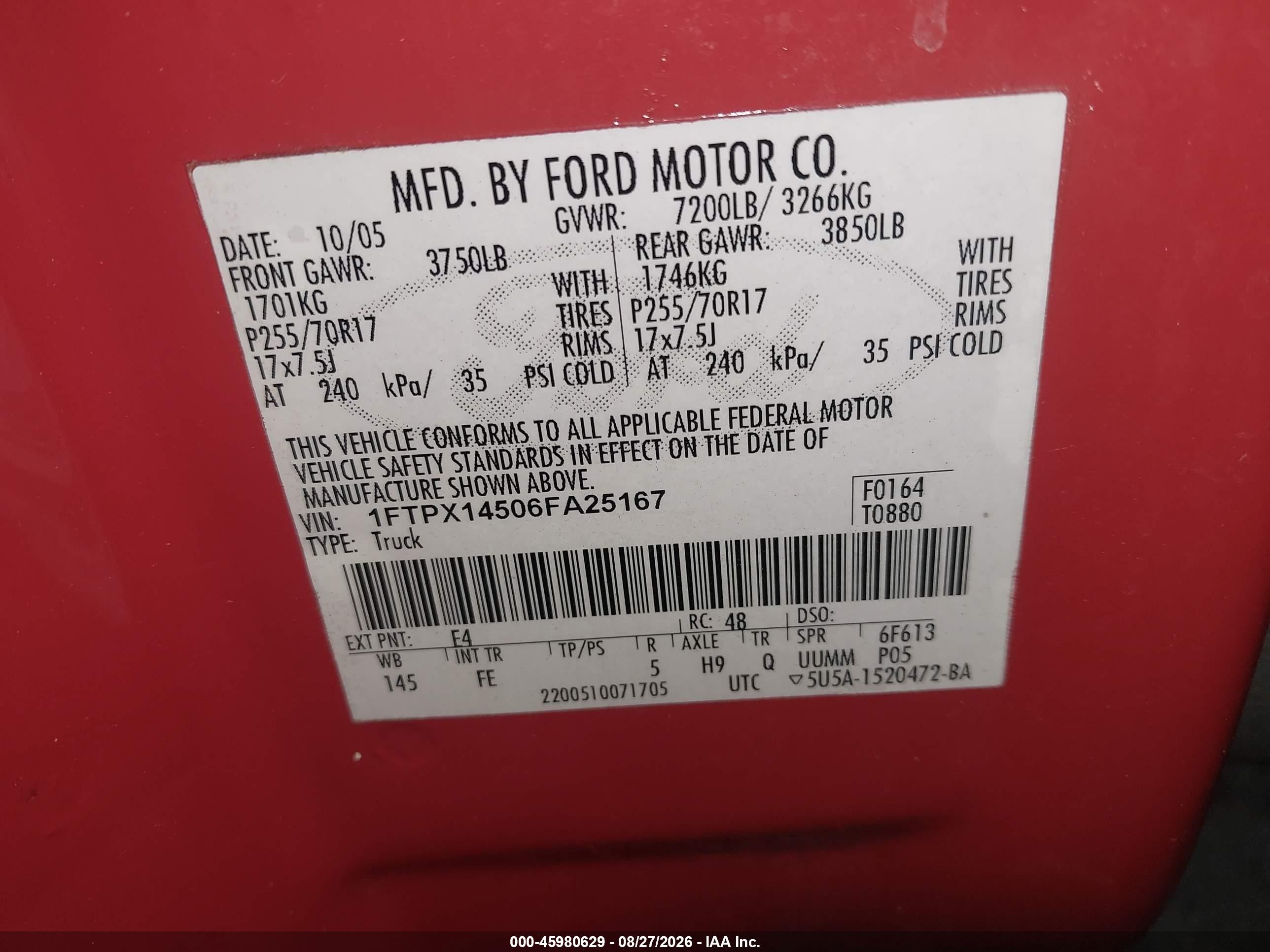 2006 Ford F-150 Fx4/lariat/xl/xlt Red vin: 1FTPX14506FA25167