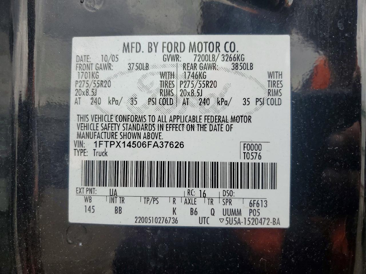 2006 Ford F150 Черный vin: 1FTPX14506FA37626