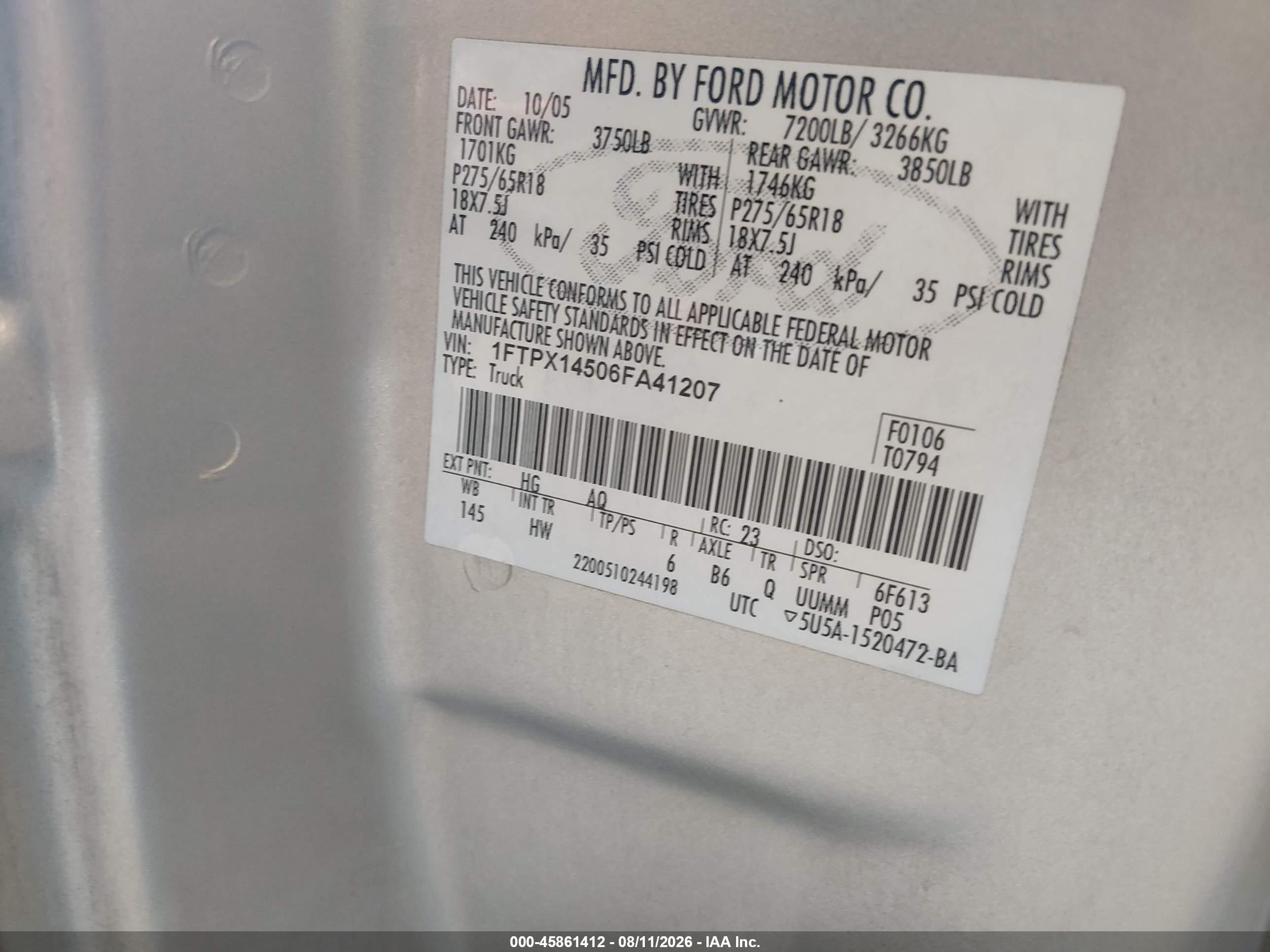 2006 Ford F-150   Gray vin: 1FTPX14506FA41207