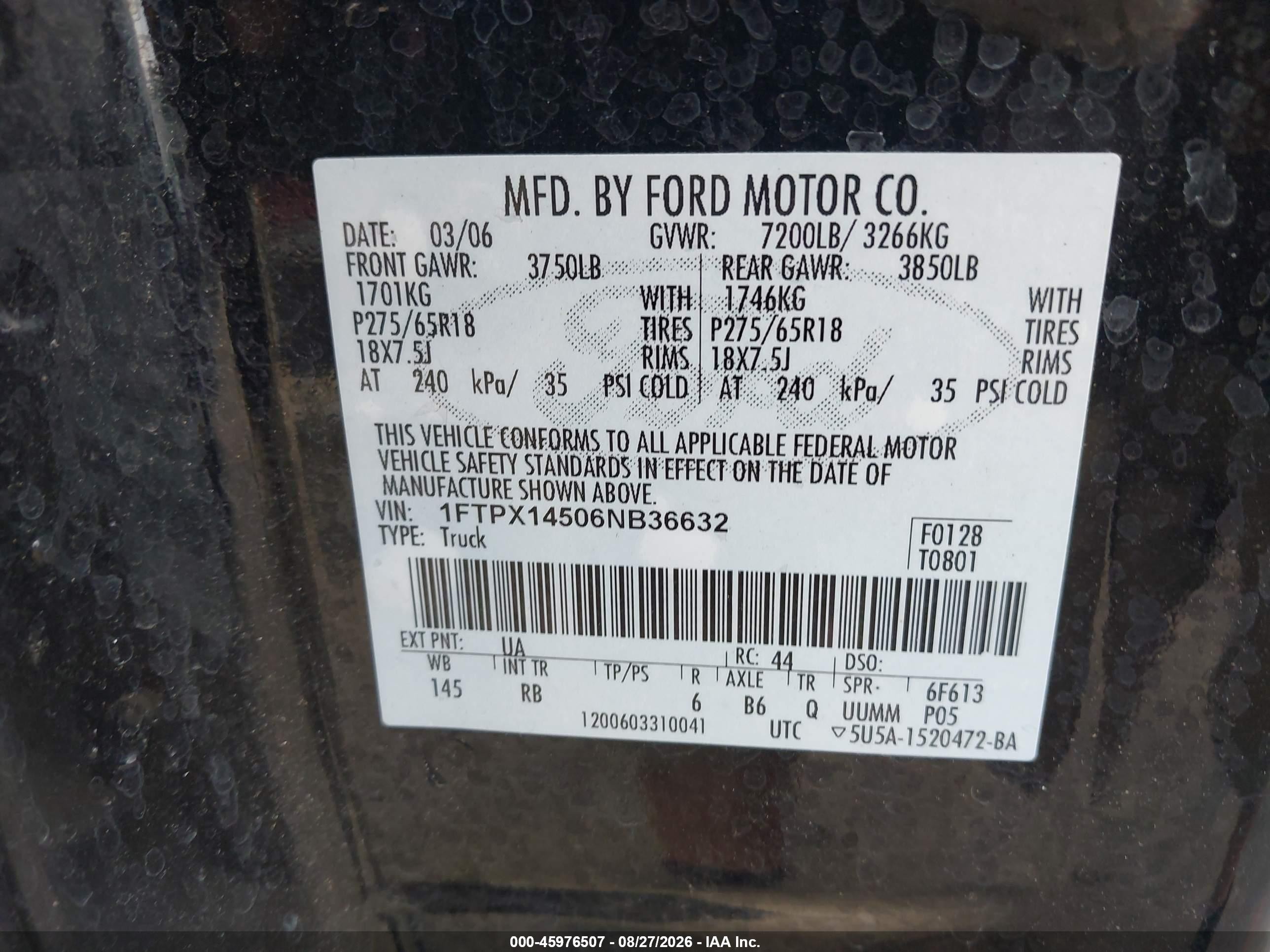 2006 Ford F-150 Fx4/lariat/xl/xlt Black vin: 1FTPX14506NB36632