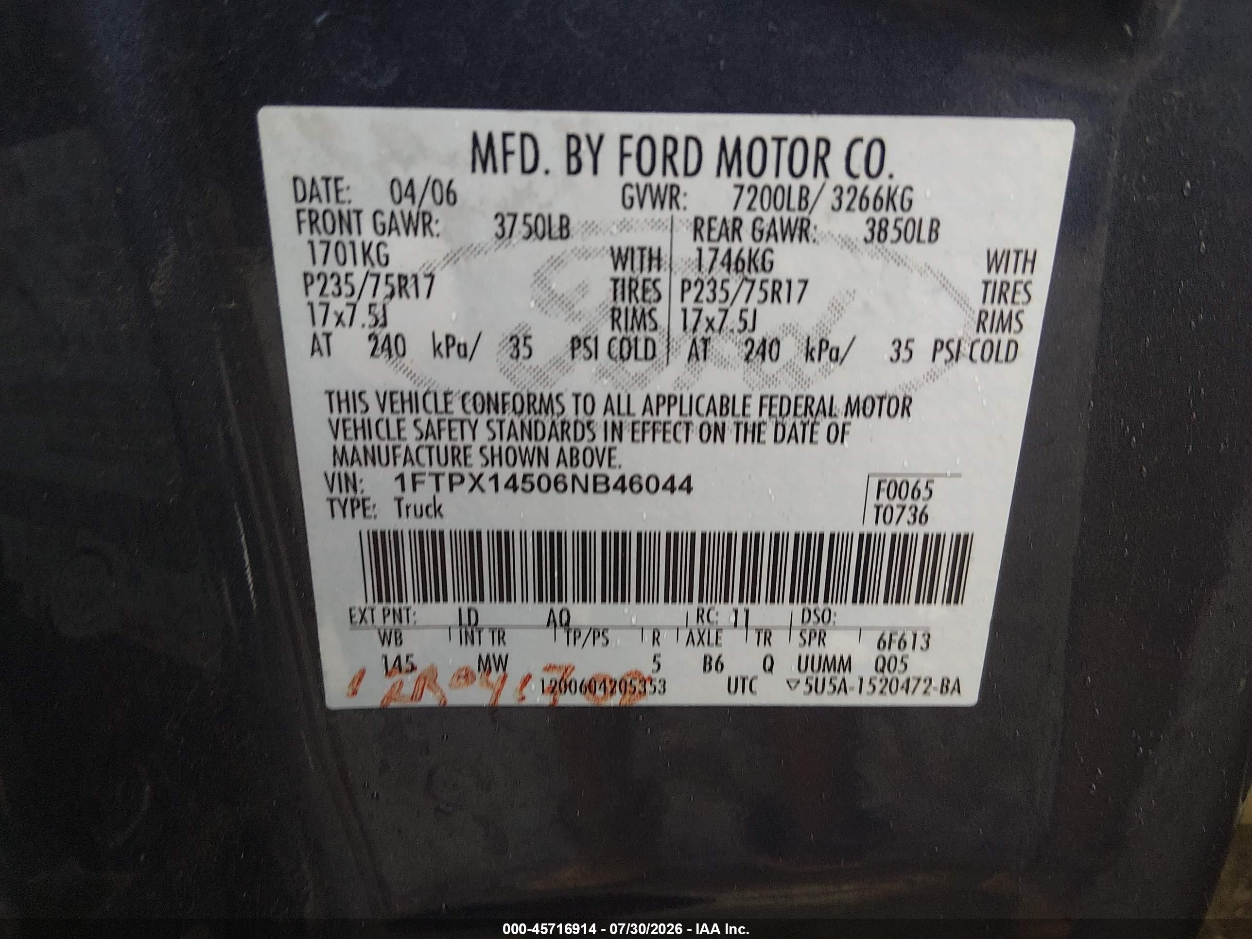 2006 Ford F-150 Fx4/lariat/xl/xlt Blue vin: 1FTPX14506NB46044