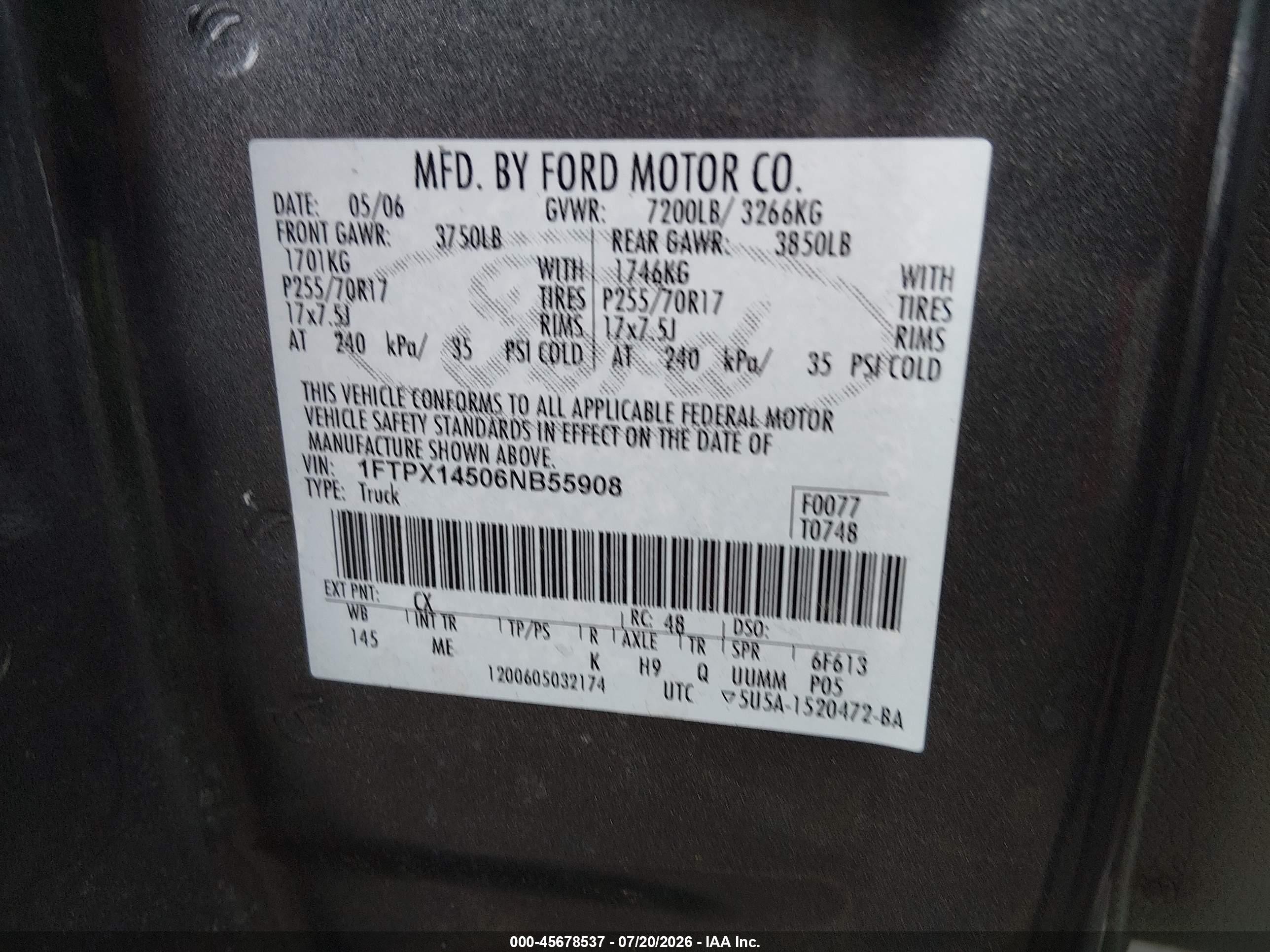 2006 Ford F-150 Fx4/lariat/xl/xlt Gray vin: 1FTPX14506NB55908