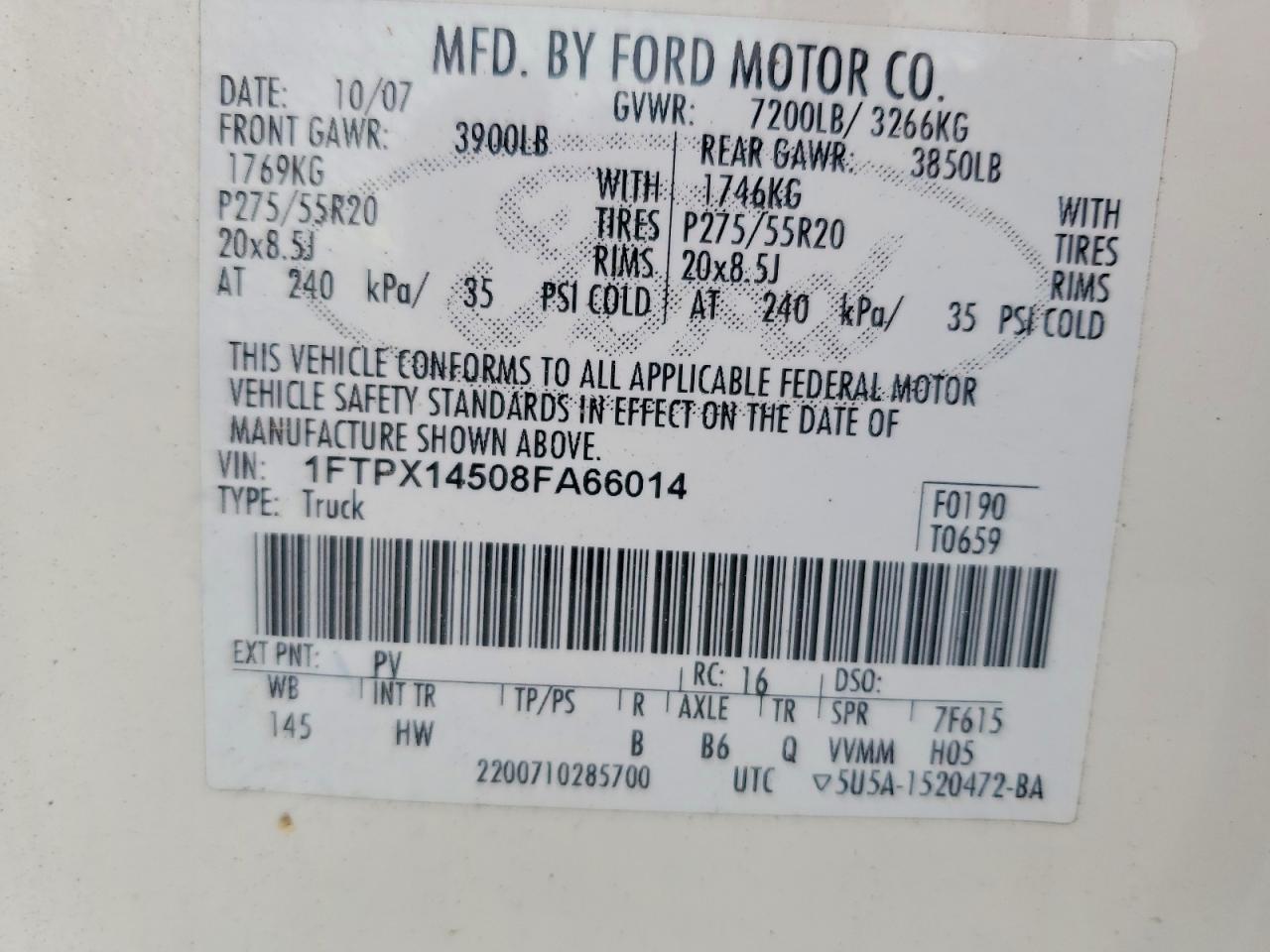 2008 Ford F150 Белый vin: 1FTPX14508FA66014