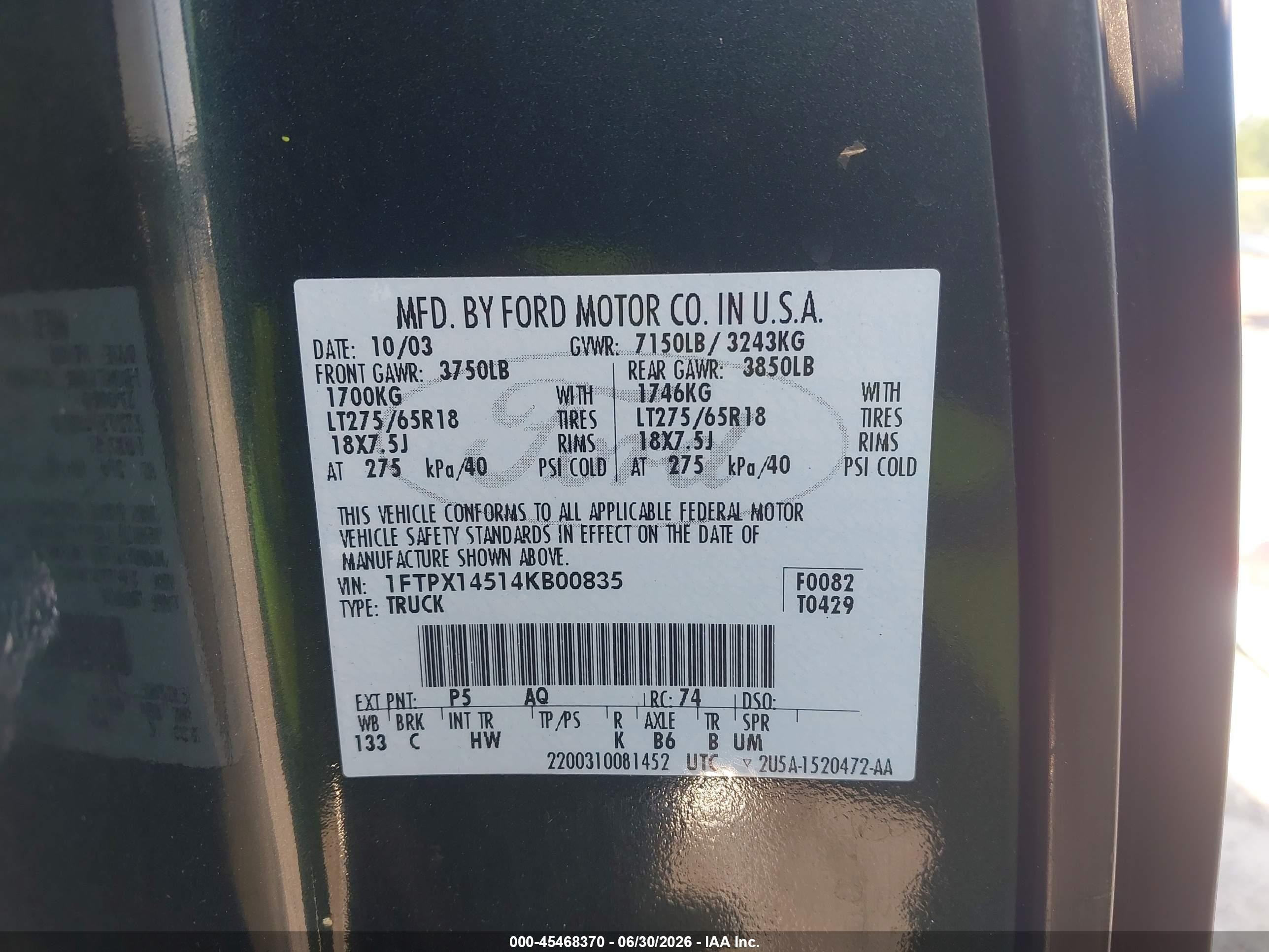 2004 Ford F-150 Fx4/lariat/xl/xlt Green vin: 1FTPX14514KB00835