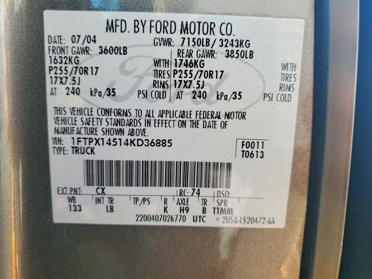 2004 Ford F150 Charcoal vin: 1FTPX14514KD36885
