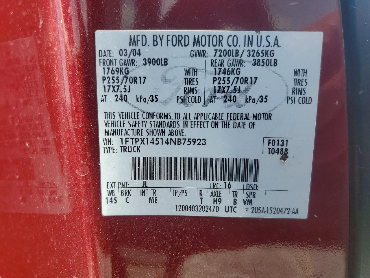 2004 Ford F150 Maroon vin: 1FTPX14514NB75923