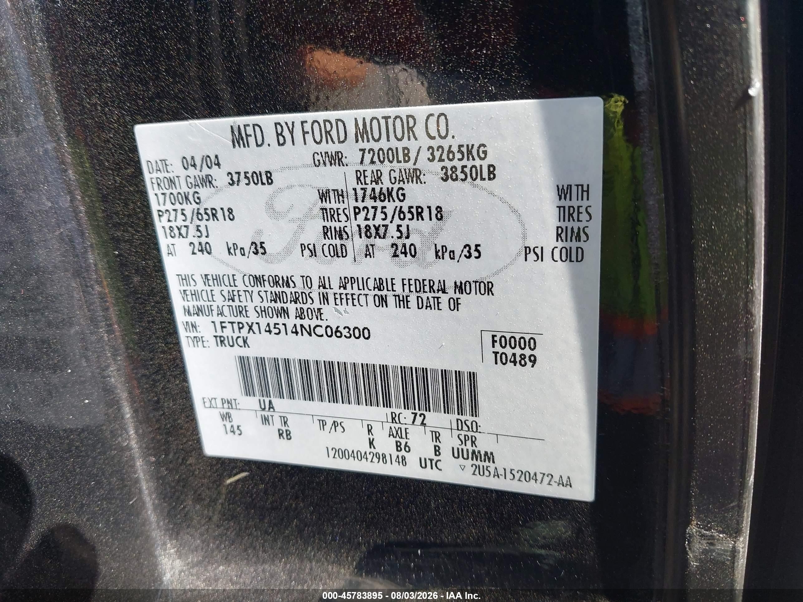 2004 Ford F-150 Fx4/lariat/xl/xlt Black vin: 1FTPX14514NC06300