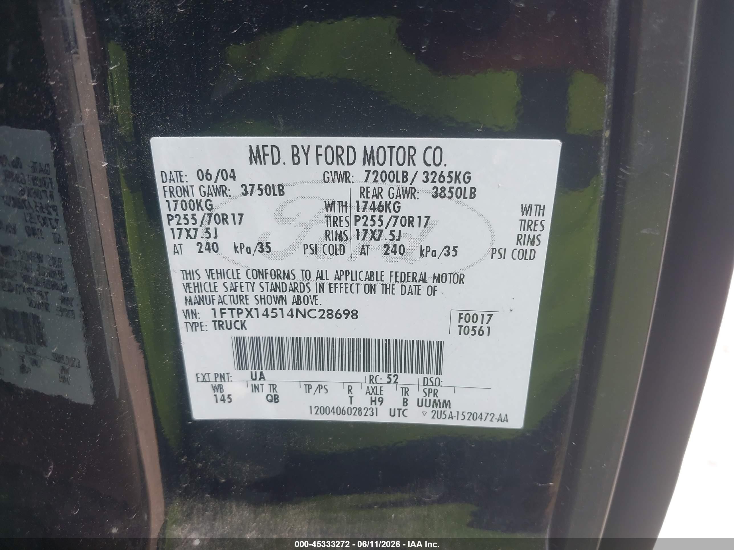 2004 Ford F-150 Fx4/lariat/xl/xlt Black vin: 1FTPX14514NC28698