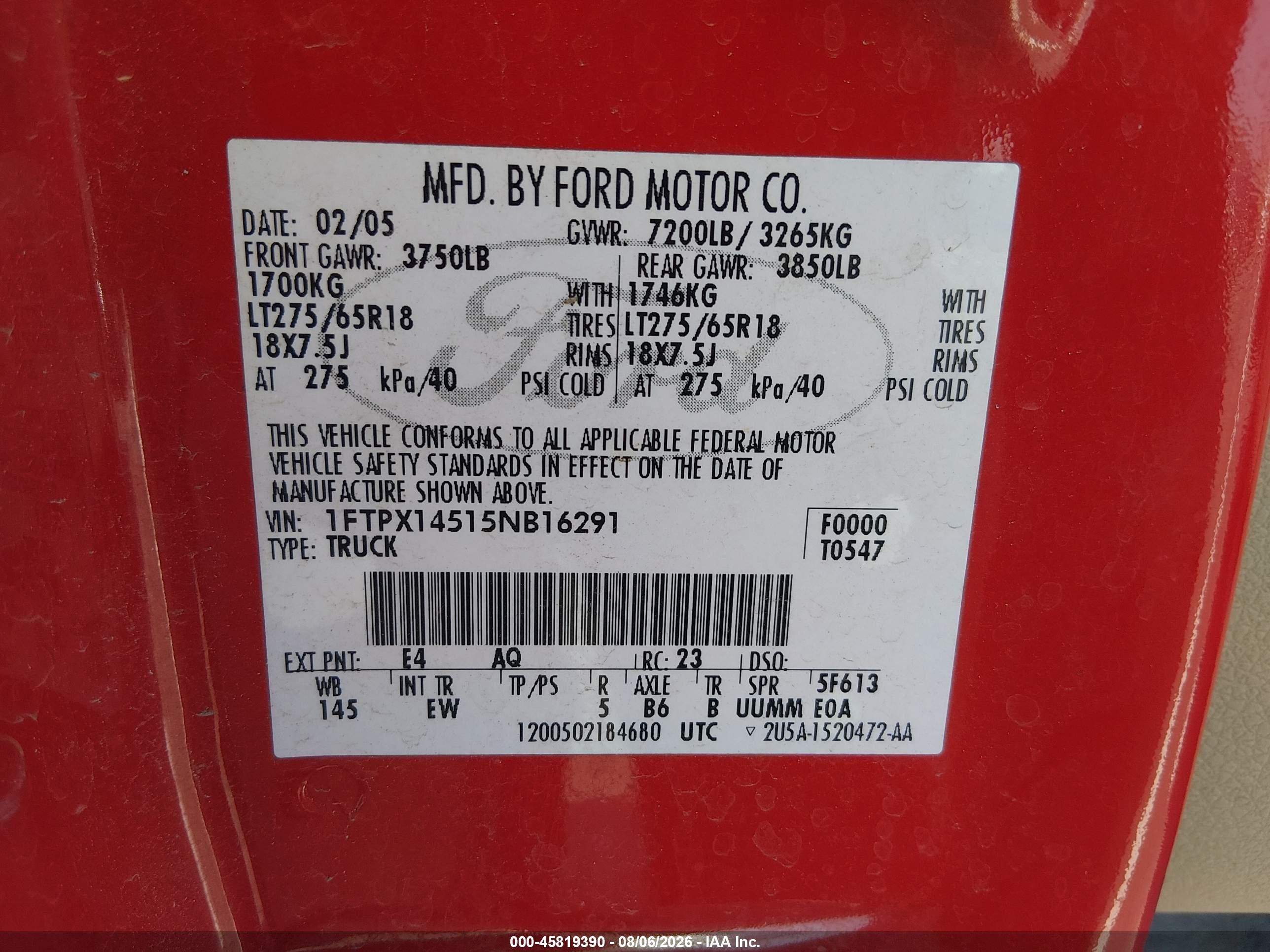 2005 Ford F-150 Fx4/lariat/xl/xlt Red vin: 1FTPX14515NB16291