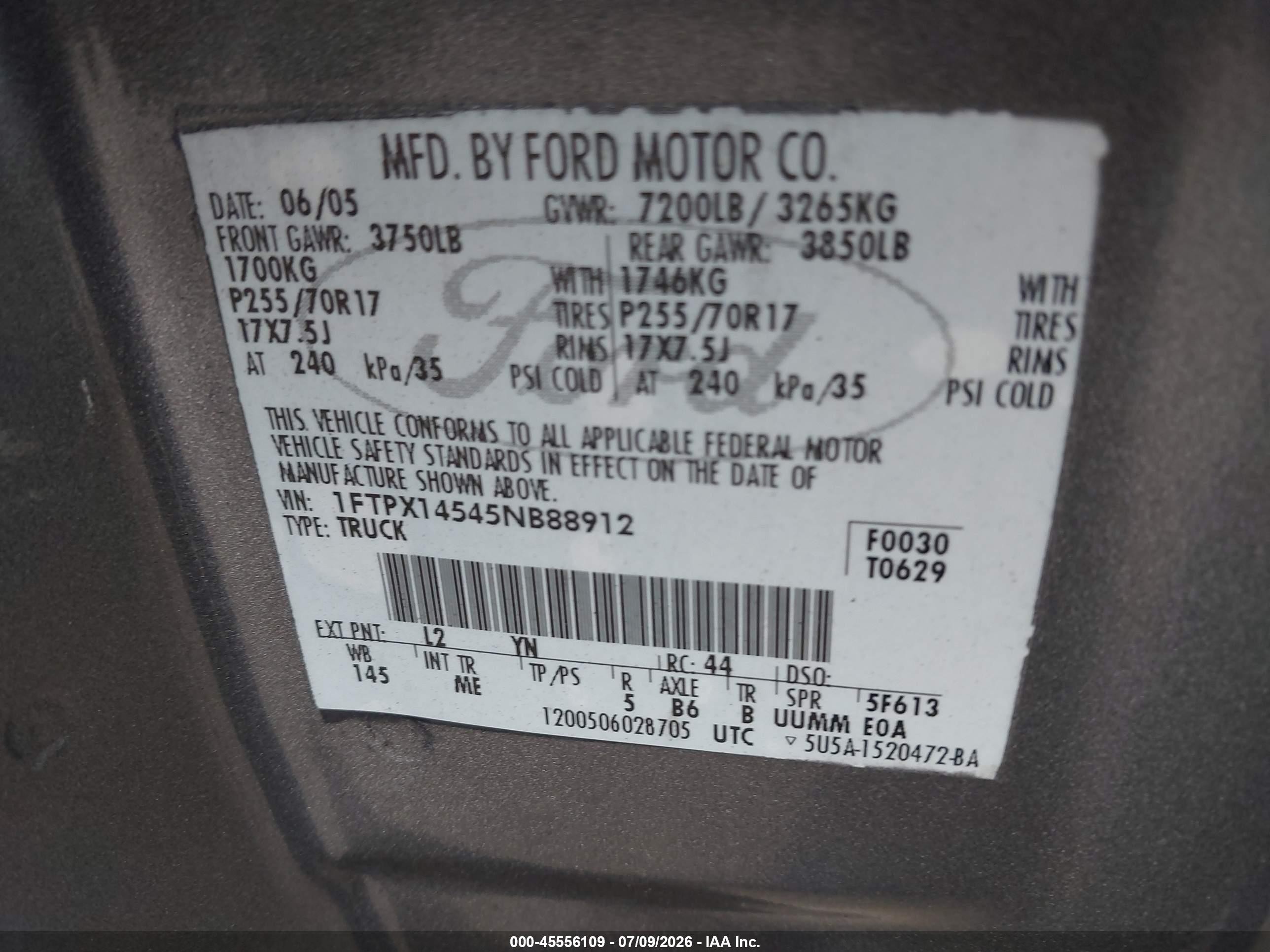 2005 Ford F-150 Fx4/lariat/xl/xlt Серый vin: 1FTPX14515NB77012