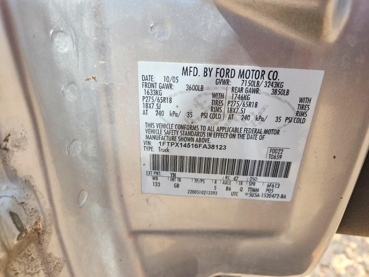 2006 Ford F150 Silver vin: 1FTPX14516FA38123