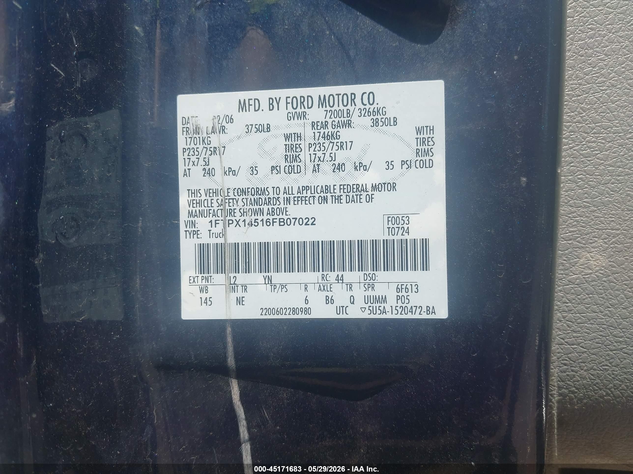 2006 Ford F-150 Fx4/lariat/xl/xlt Blue vin: 1FTPX14516FB07022