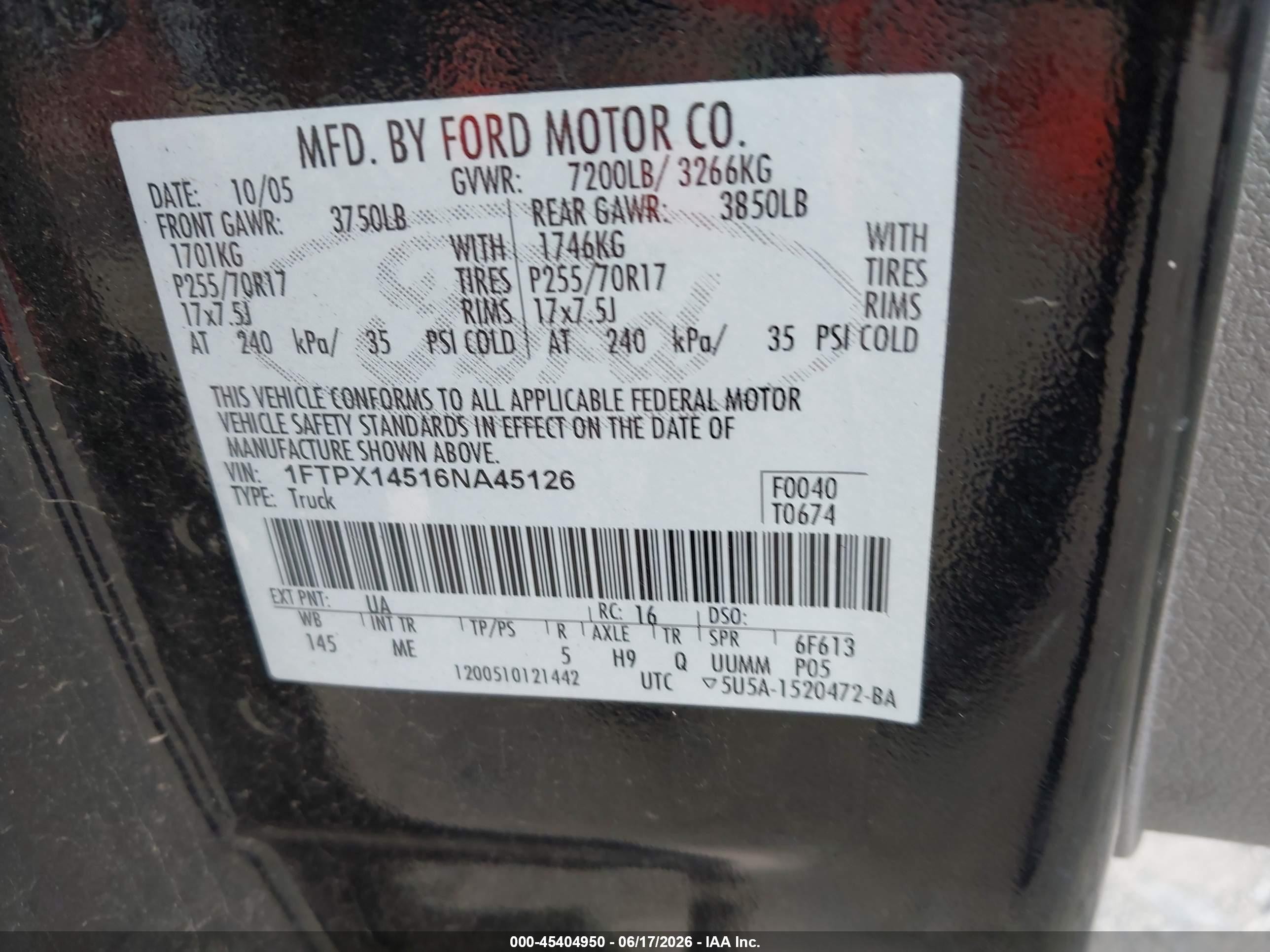 2006 Ford F-150 Fx4/lariat/xl/xlt Black vin: 1FTPX14516NA45126