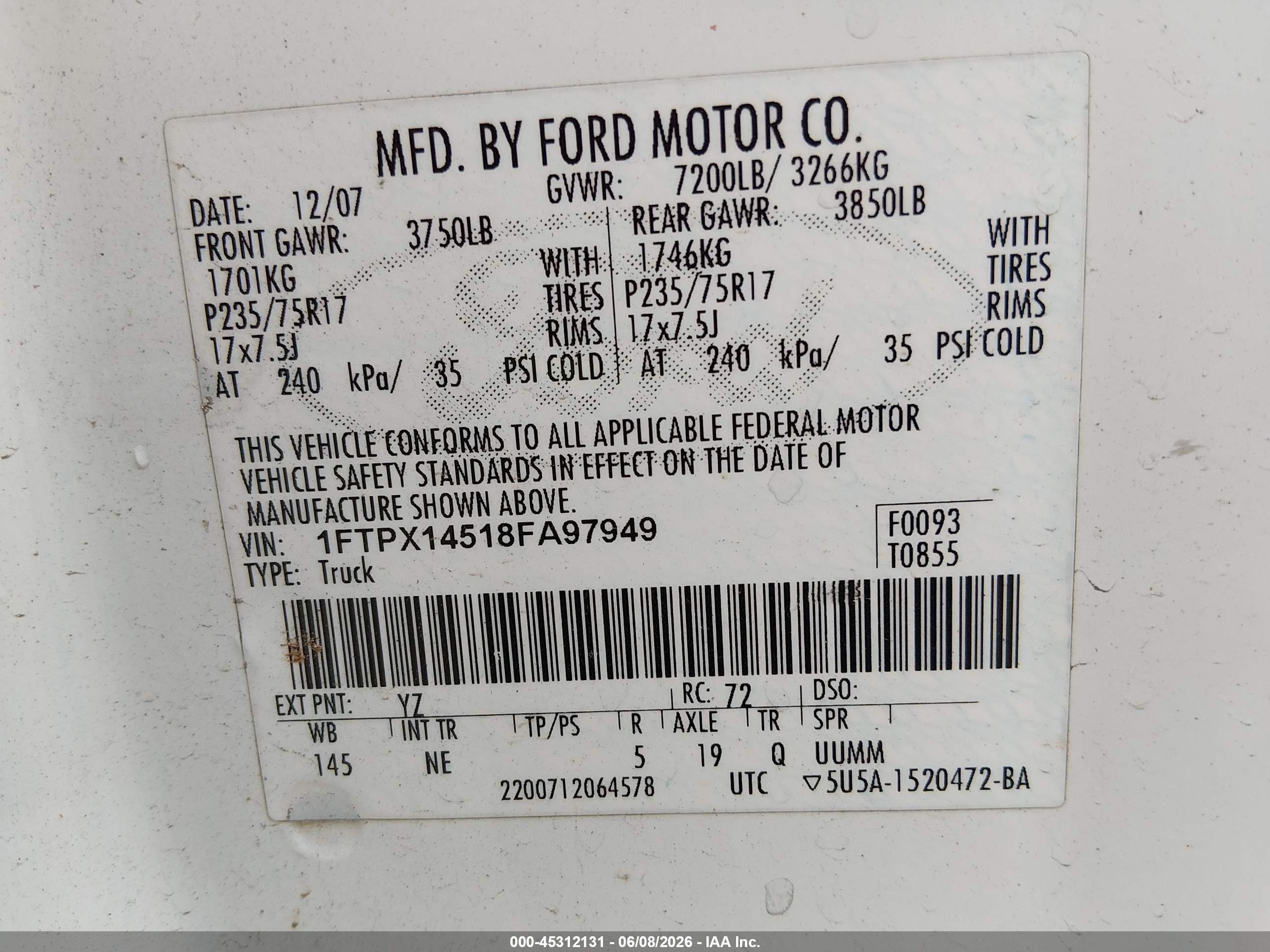 2008 Ford F-150 Fx4/lariat/xl/xlt White vin: 1FTPX14518FA97949