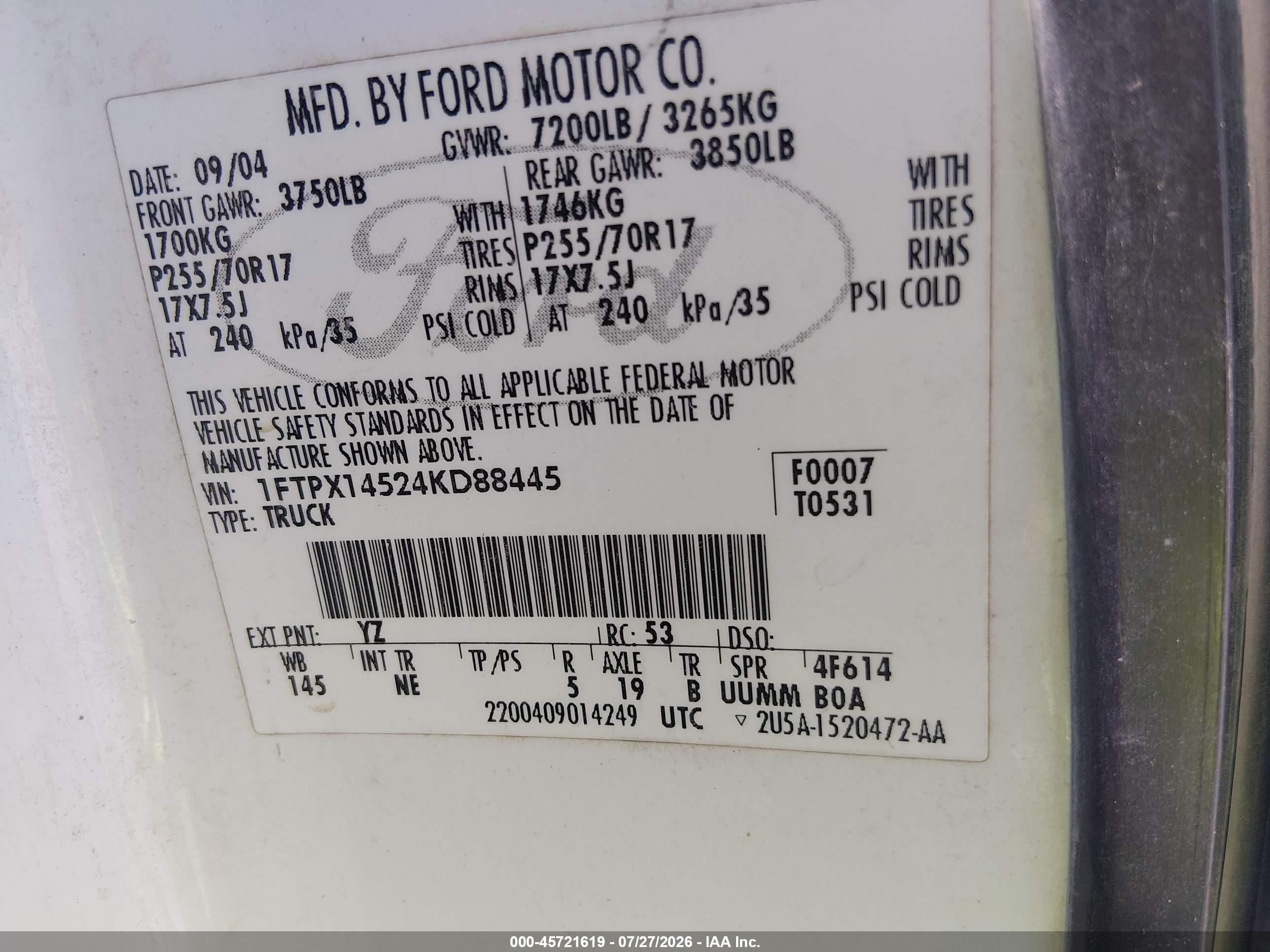 2004 Ford F-150 Fx4/lariat/xl/xlt White vin: 1FTPX14524KD88445
