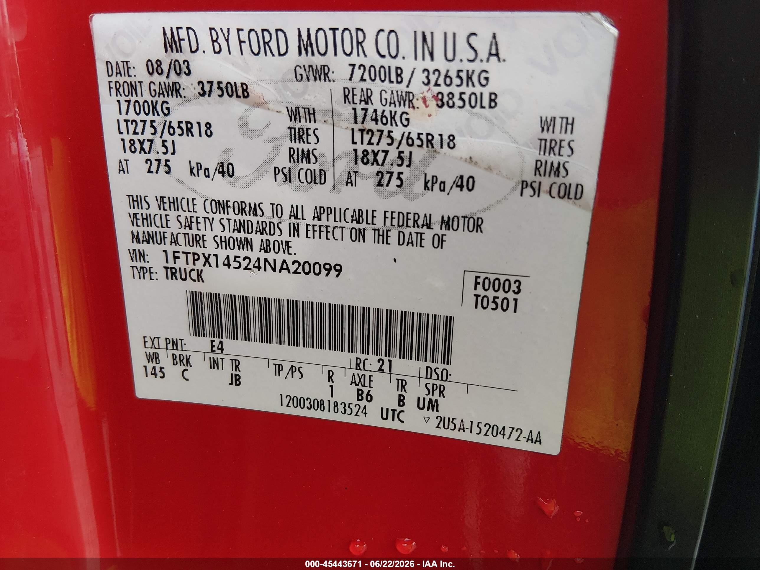 2004 Ford F-150 Fx4/lariat/xl/xlt Red vin: 1FTPX14524NA20099