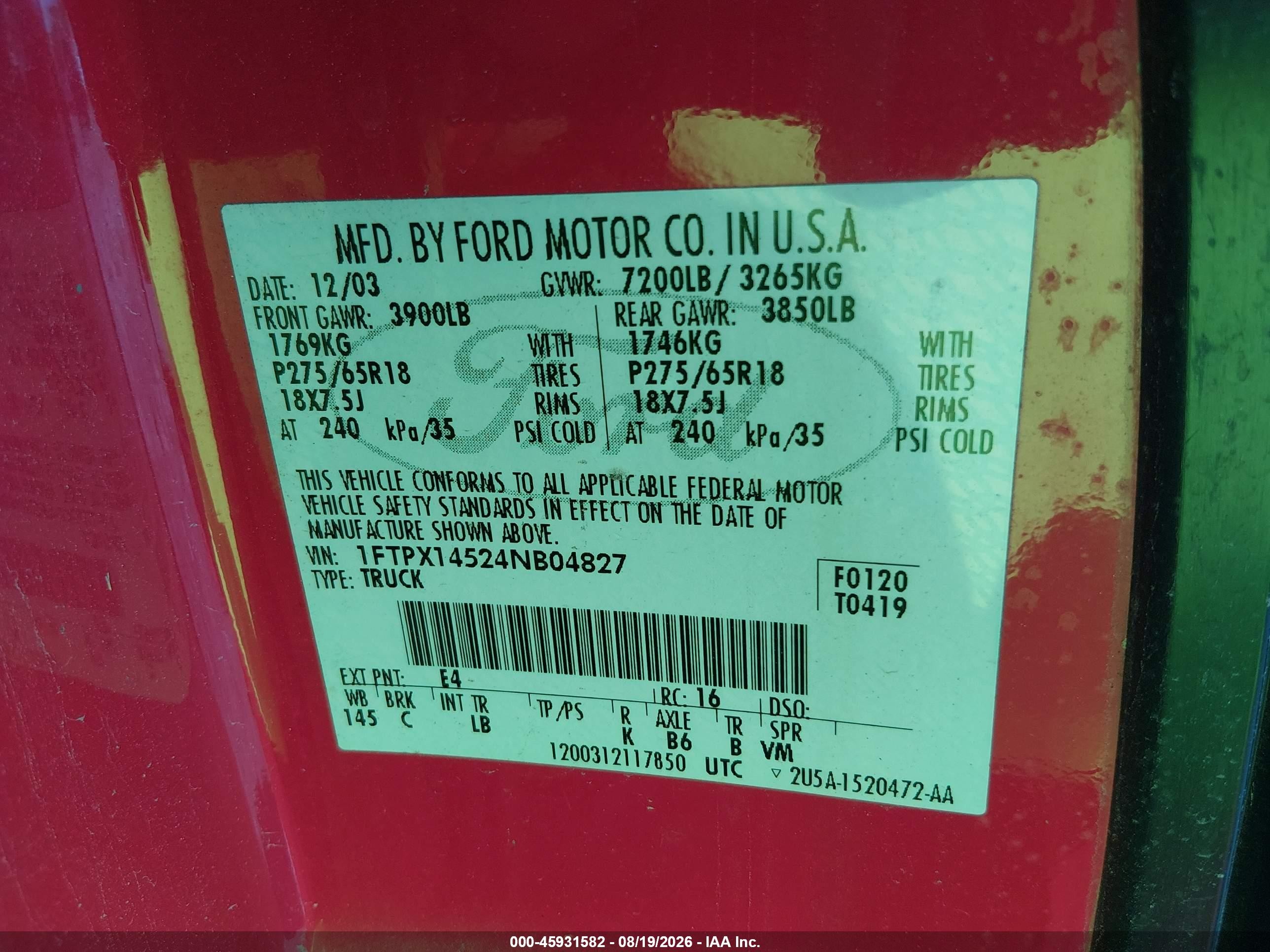2004 Ford F-150 Fx4/lariat/xl/xlt Red vin: 1FTPX14524NB04827