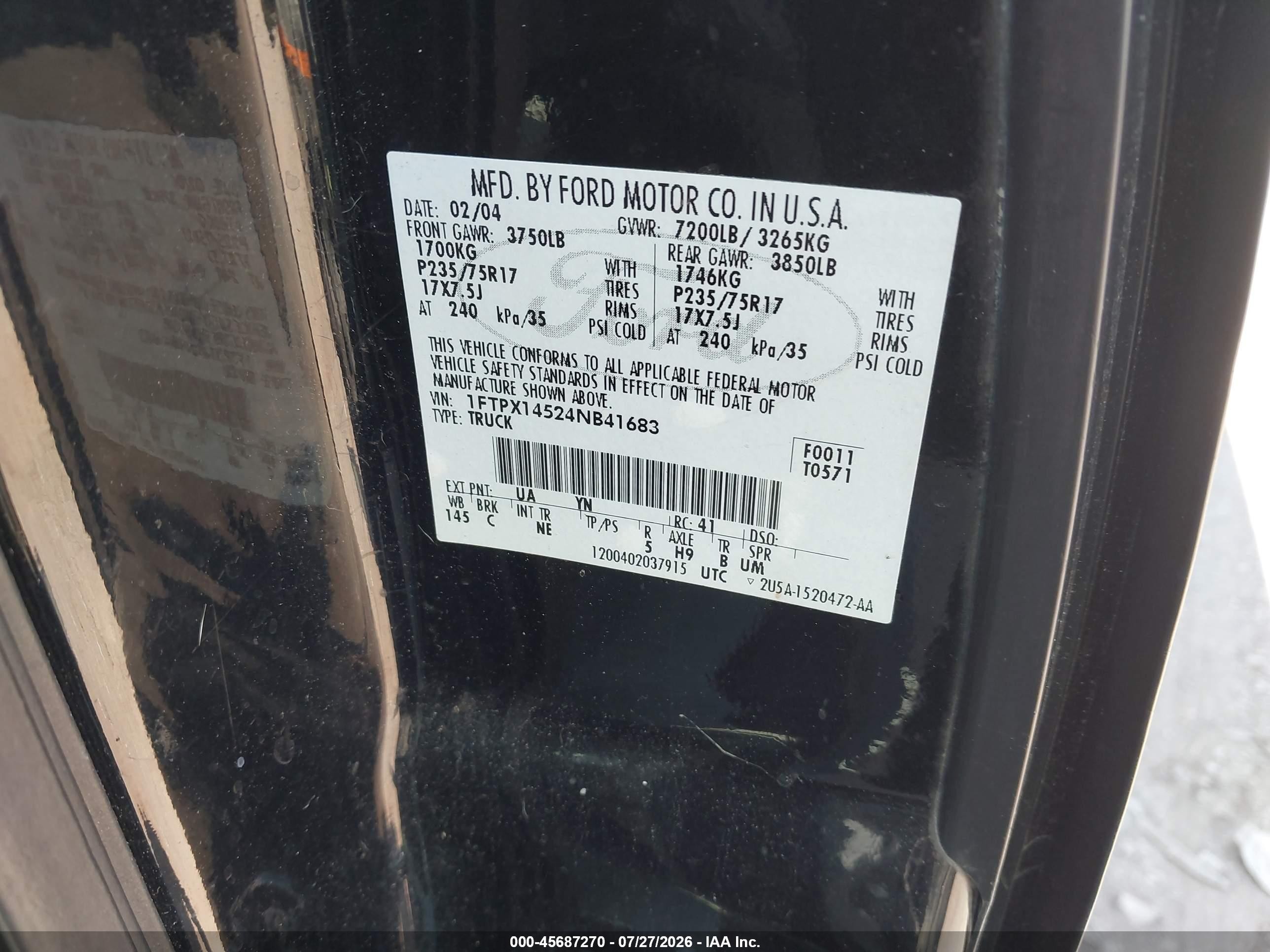 2004 Ford F-150 Fx4/lariat/xl/xlt Black vin: 1FTPX14524NB41683