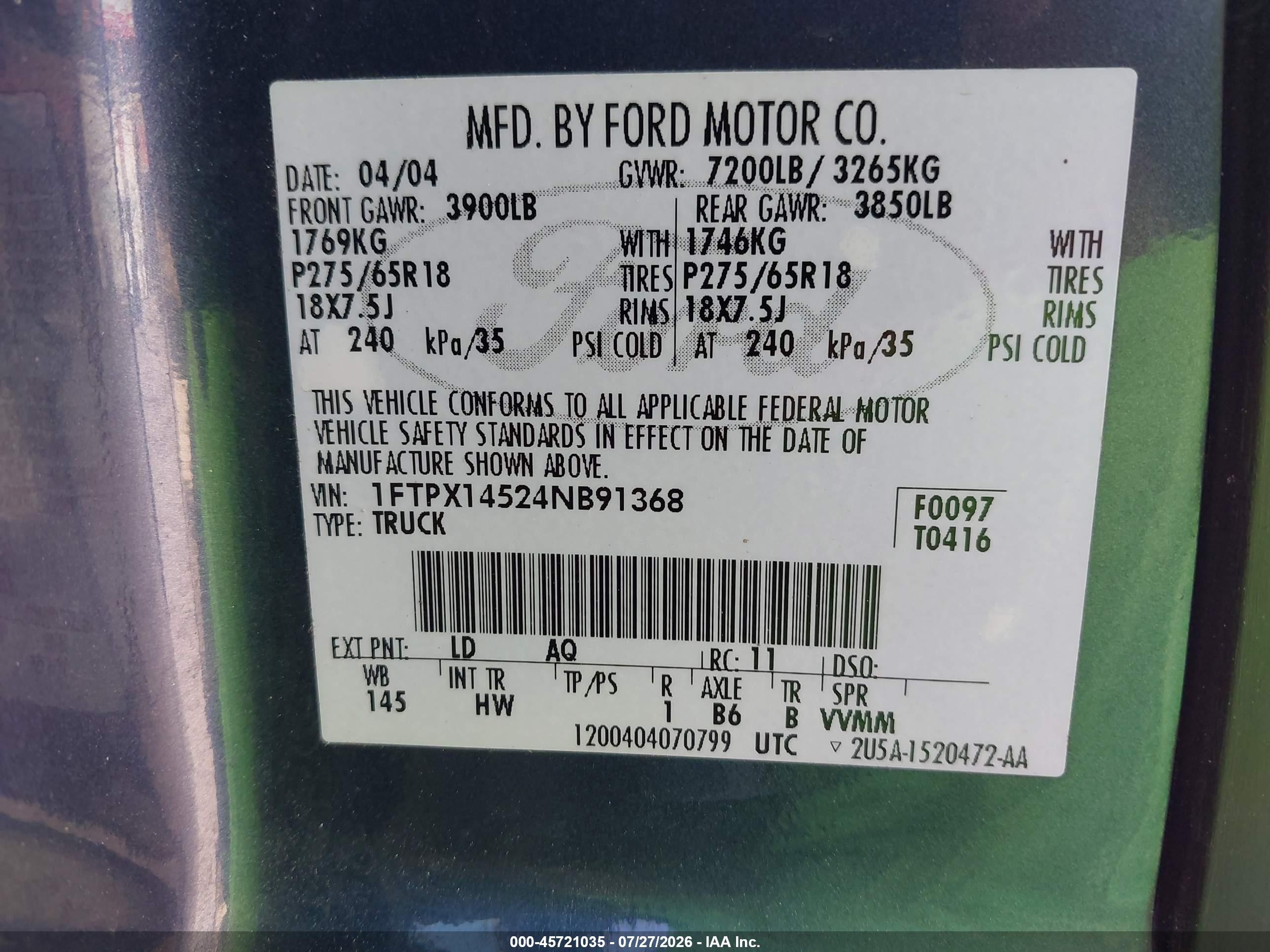 2004 Ford F-150 Fx4/lariat/xl/xlt Blue vin: 1FTPX14524NB91368