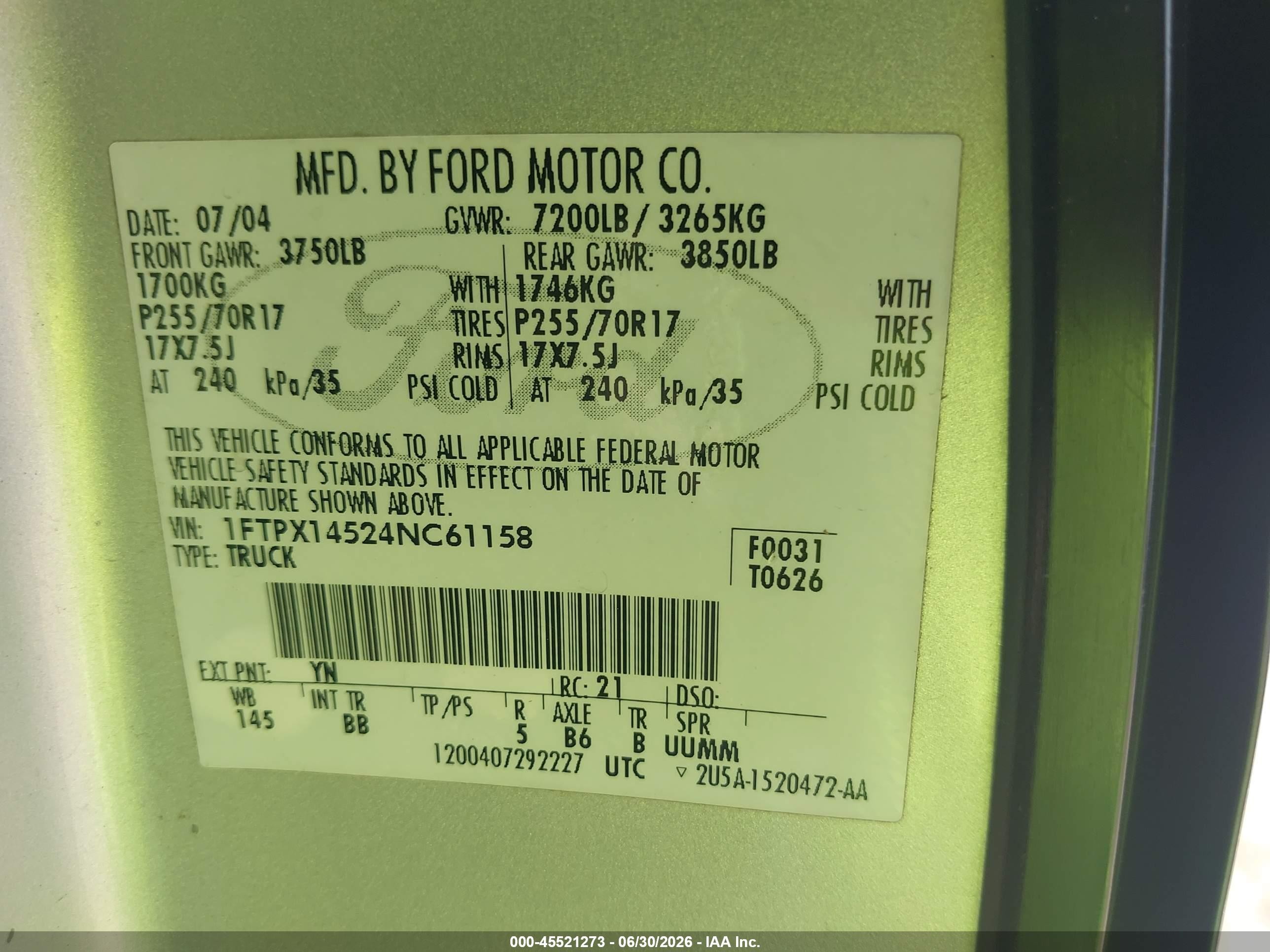 2004 Ford F-150 Fx4/lariat/xl/xlt Gray vin: 1FTPX14524NC61158