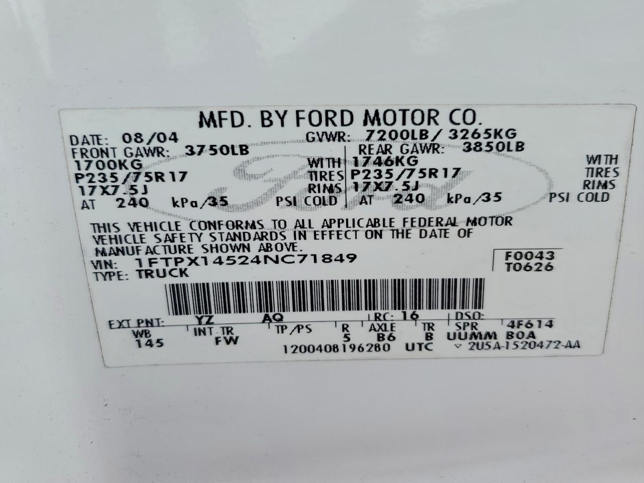 2004 Ford F150 White vin: 1FTPX14524NC71849
