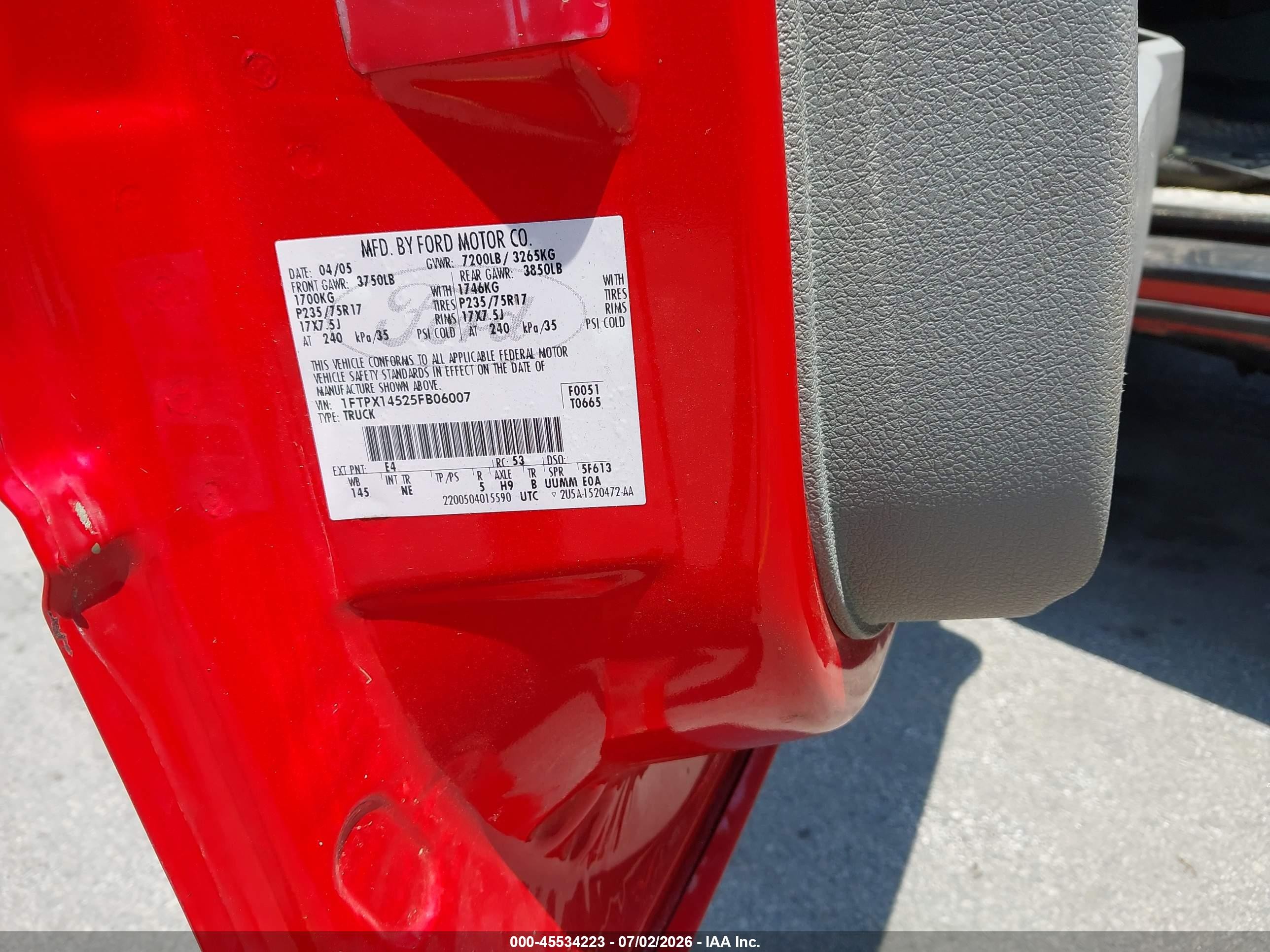 2005 Ford F-150 Fx4/lariat/xl/xlt Red vin: 1FTPX14525FB06007