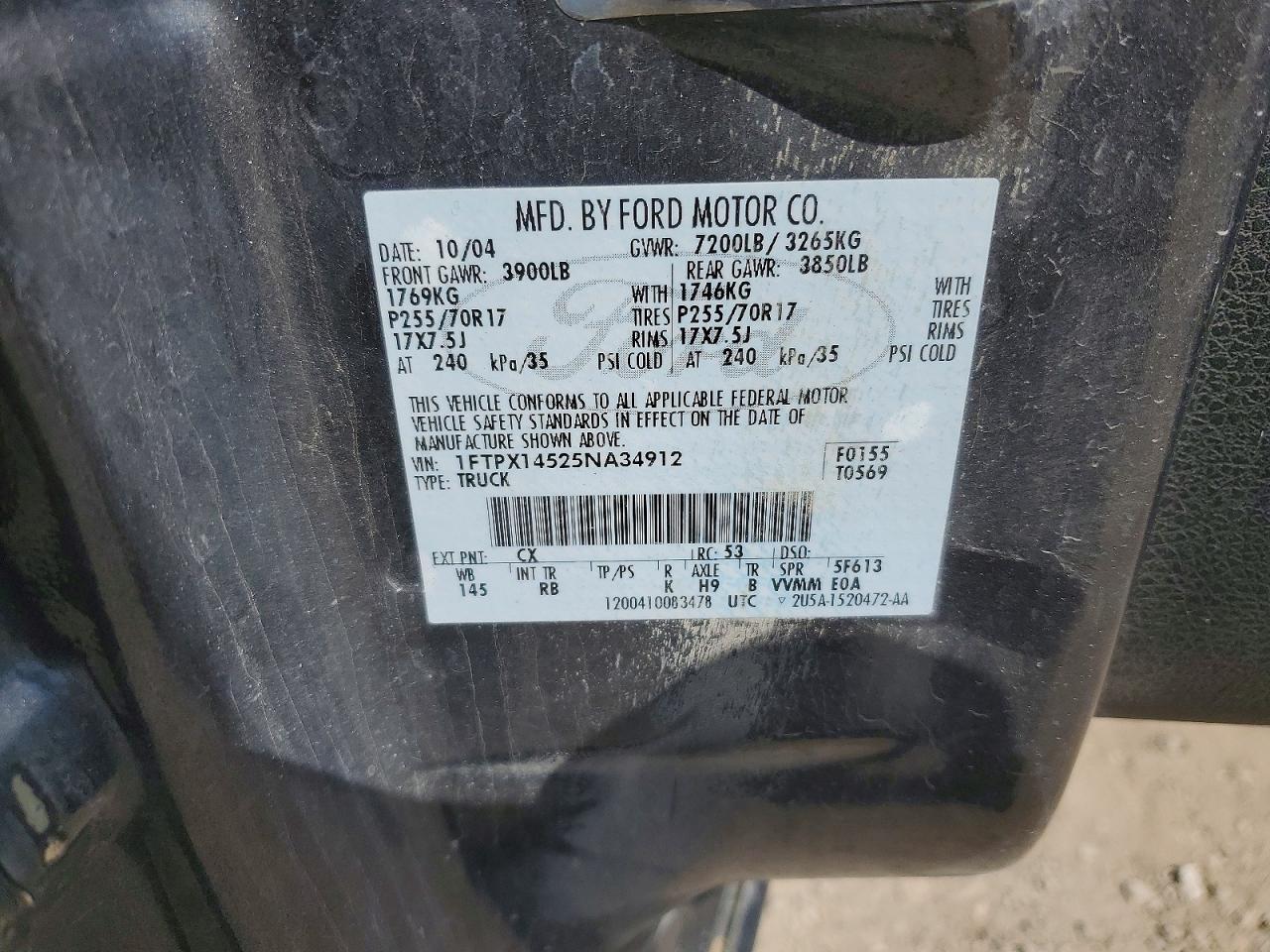2005 Ford F150 Charcoal vin: 1FTPX14525NA34912