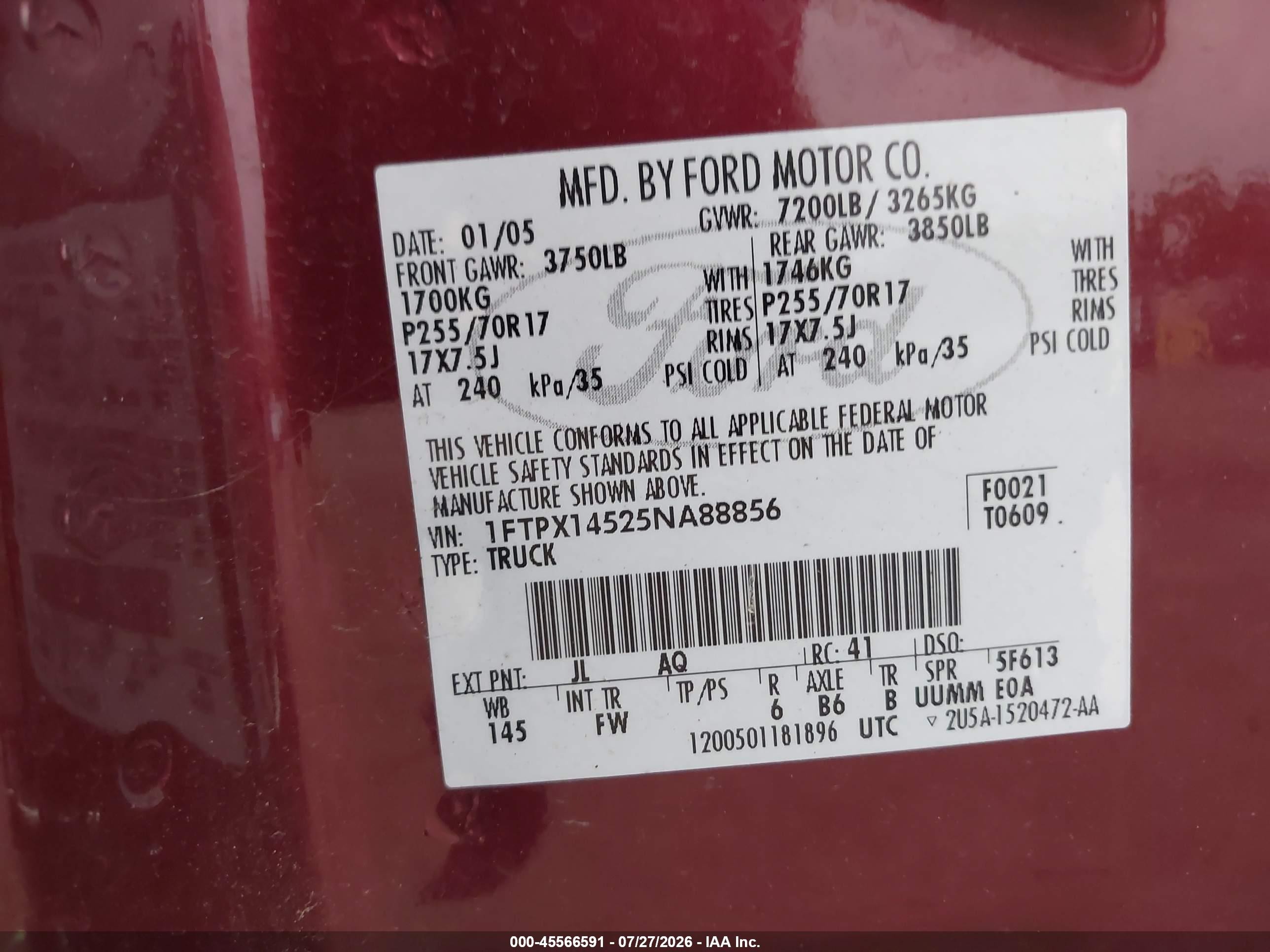 2005 Ford F-150 Fx4/lariat/xl/xlt Burgundy vin: 1FTPX14525NA88856