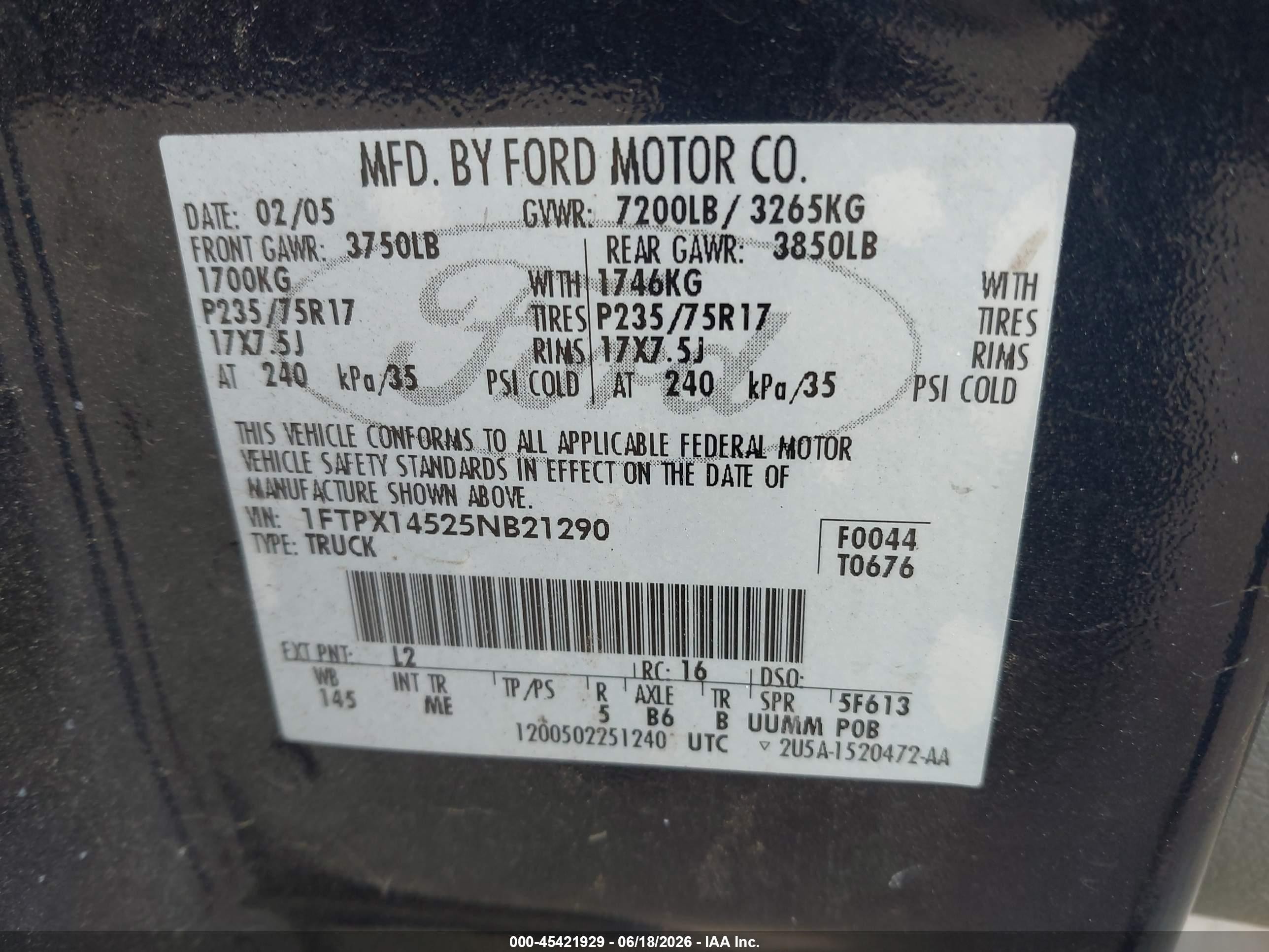 2005 Ford F-150 Fx4/lariat/xl/xlt Blue vin: 1FTPX14525NB21290