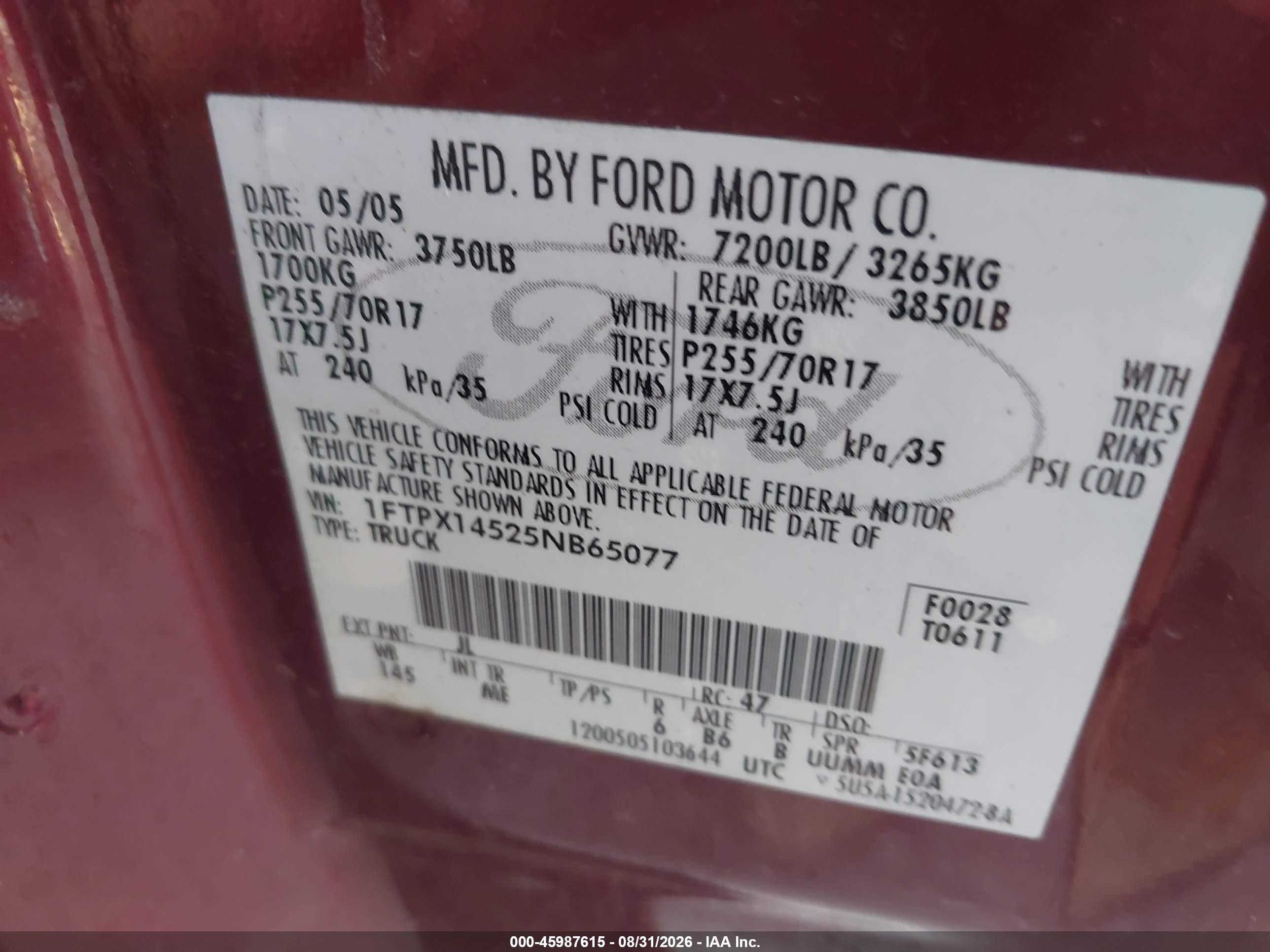 2005 Ford F-150 Fx4/lariat/xl/xlt Red vin: 1FTPX14525NB65077