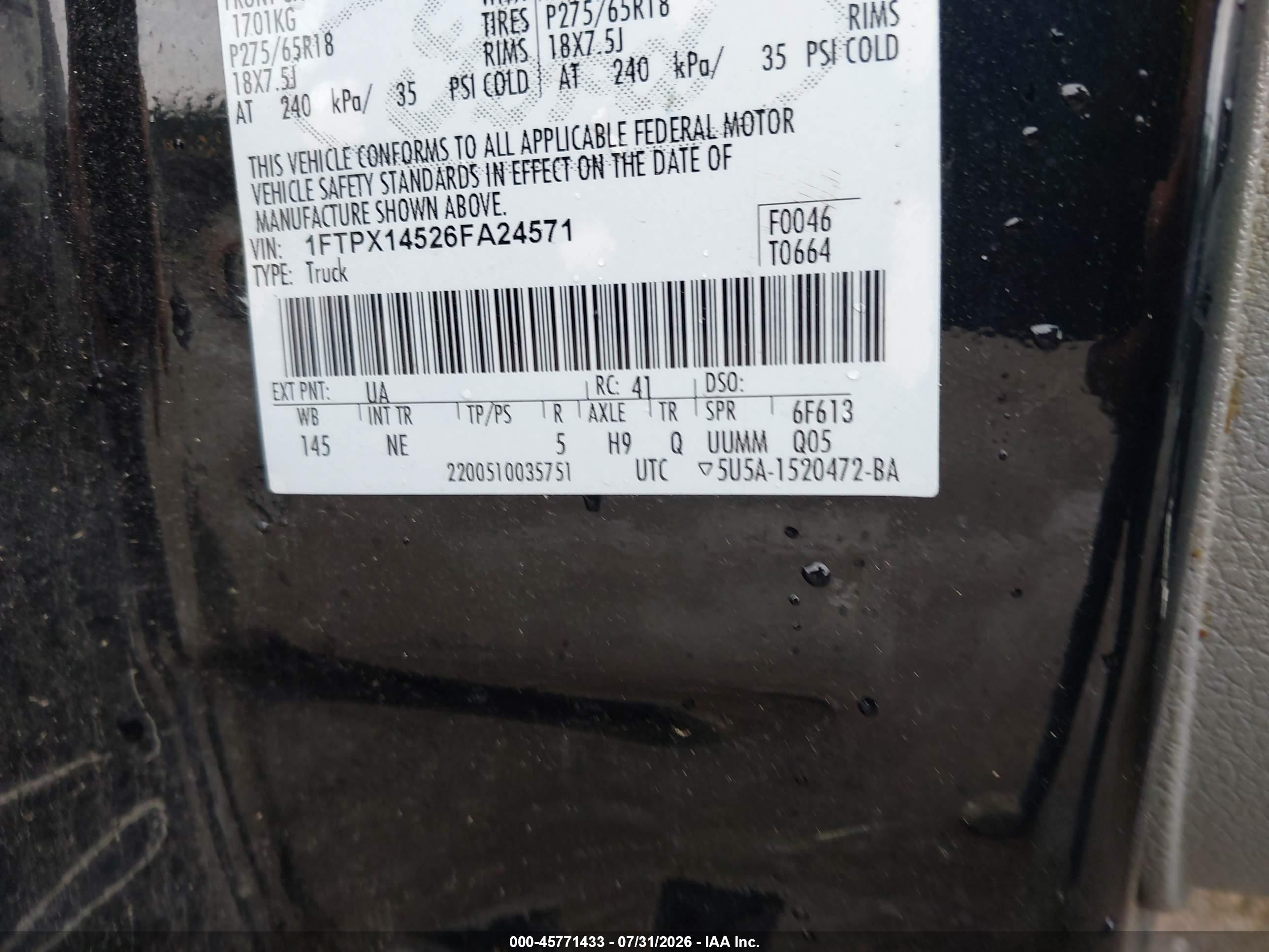 2006 Ford F-150 Fx4/lariat/xl/xlt Black vin: 1FTPX14526FA24571
