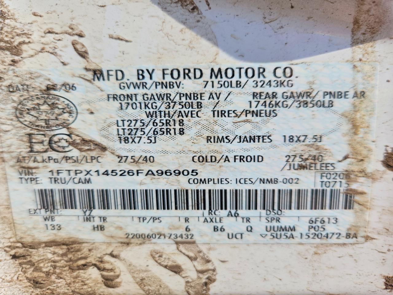 2006 Ford F150 White vin: 1FTPX14526FA96905