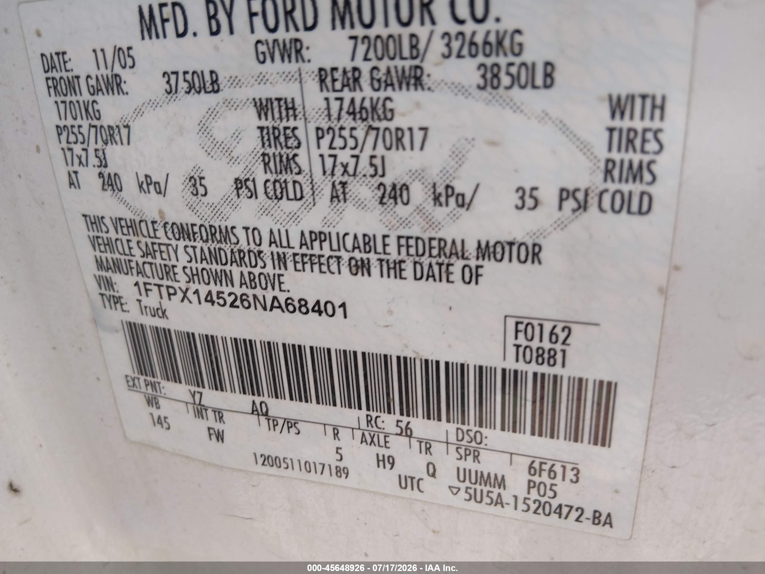 2006 Ford F-150 Fx4/lariat/xl/xlt Белый vin: 1FTPX14526NA68401