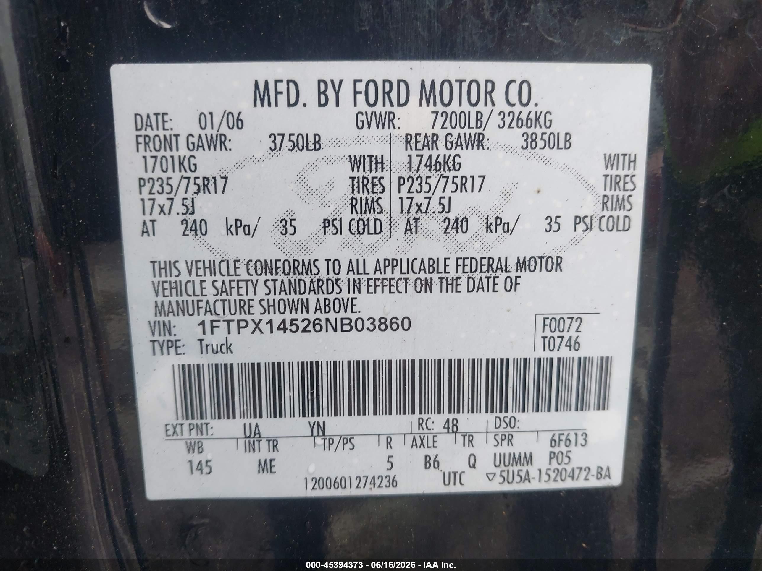 2006 Ford F-150 Fx4/lariat/xl/xlt Black vin: 1FTPX14526NB03860