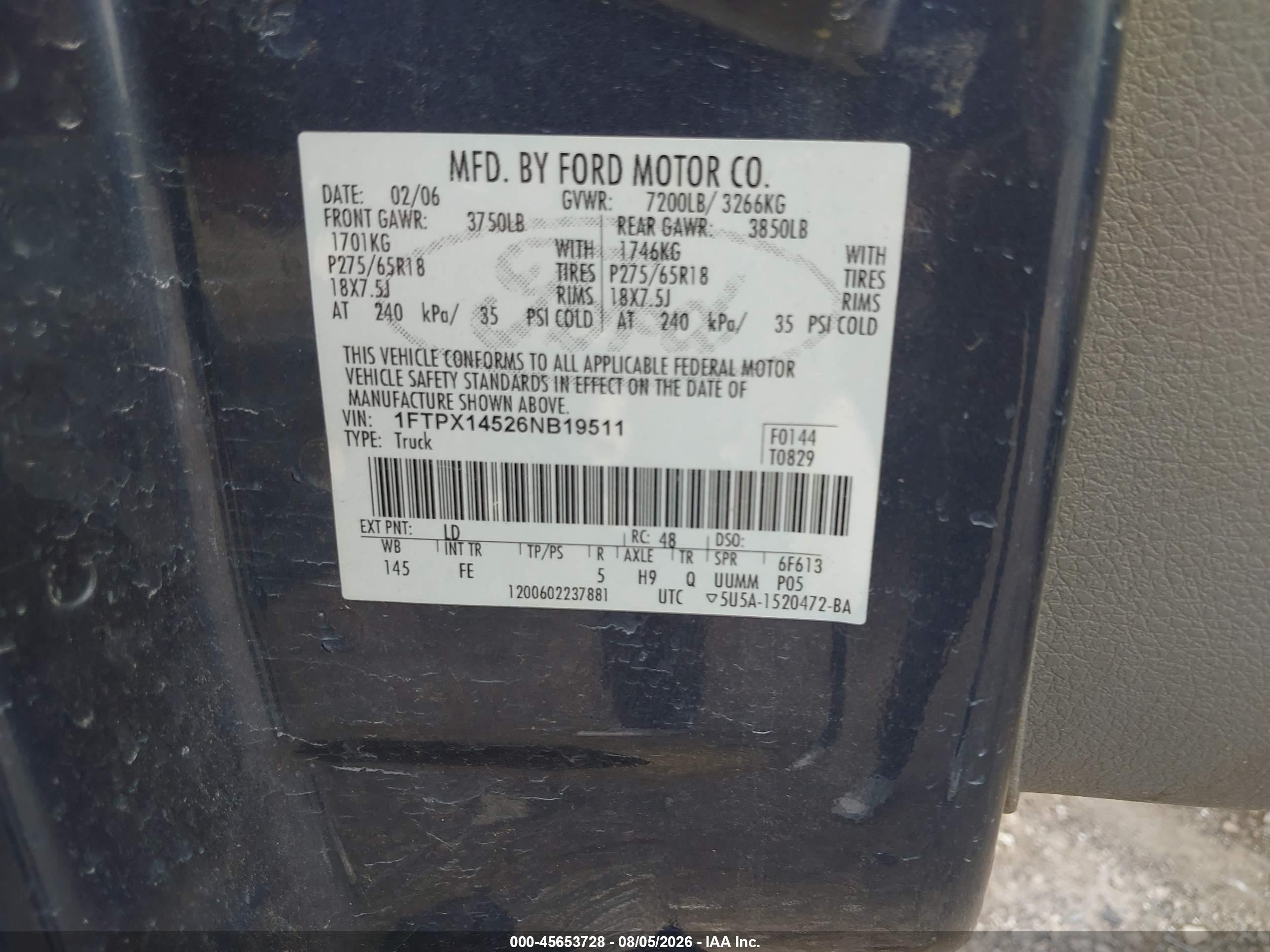 2006 Ford F-150 Blue vin: 1FTPX14526NB19511