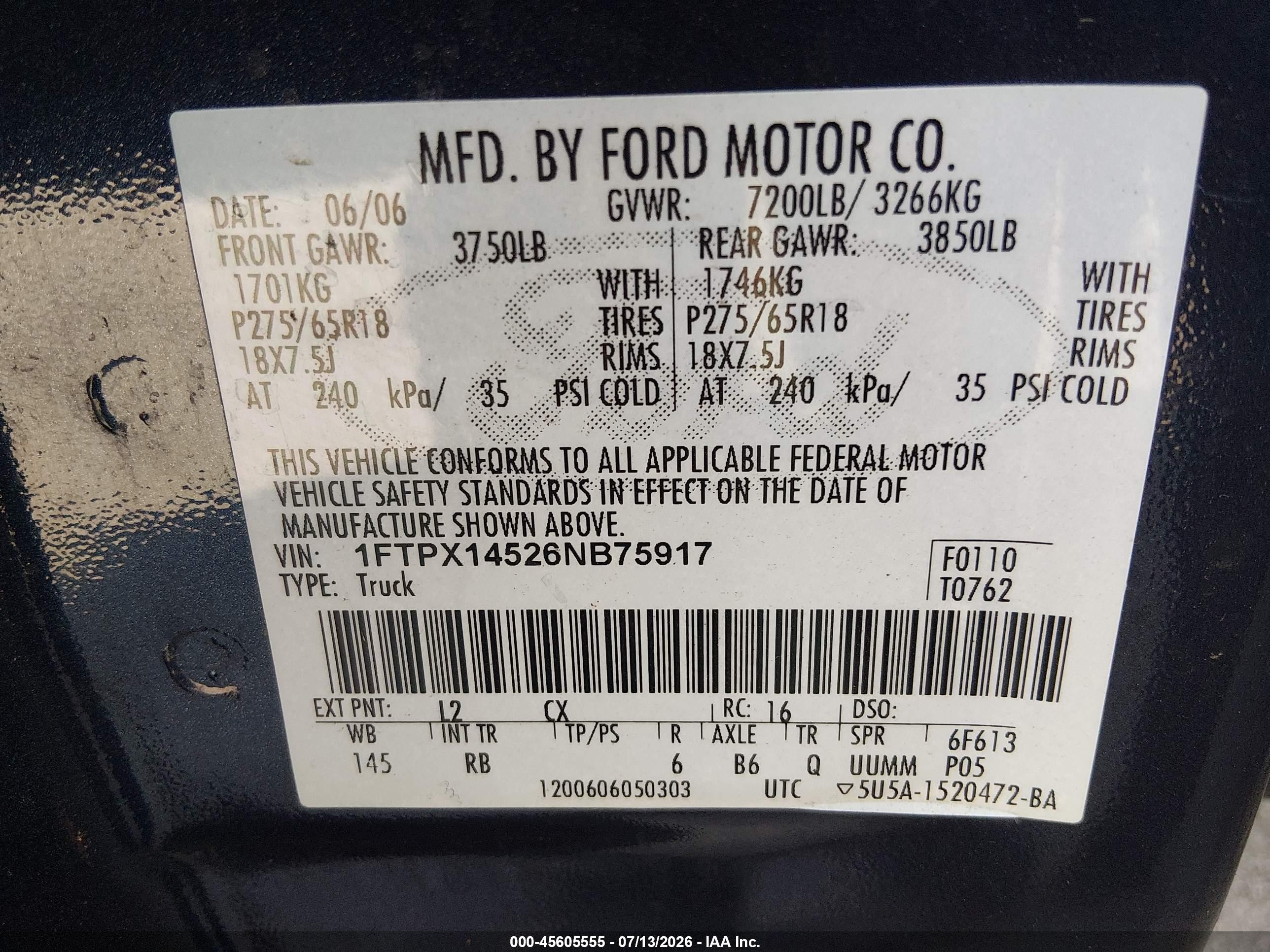 2006 Ford F-150   Blue vin: 1FTPX14526NB75917
