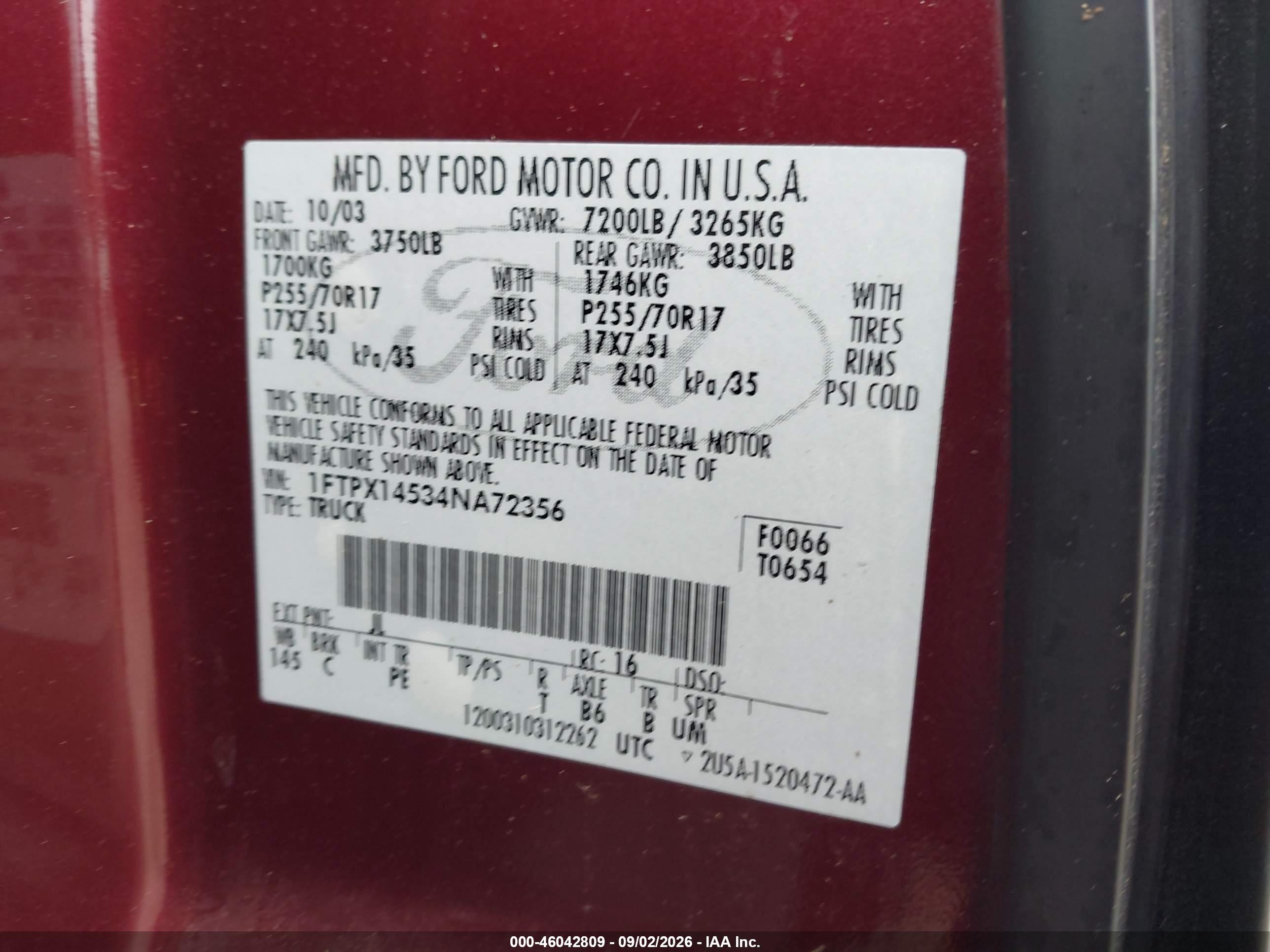 2004 Ford F-150 Fx4/lariat/xl/xlt Red vin: 1FTPX14534NA72356