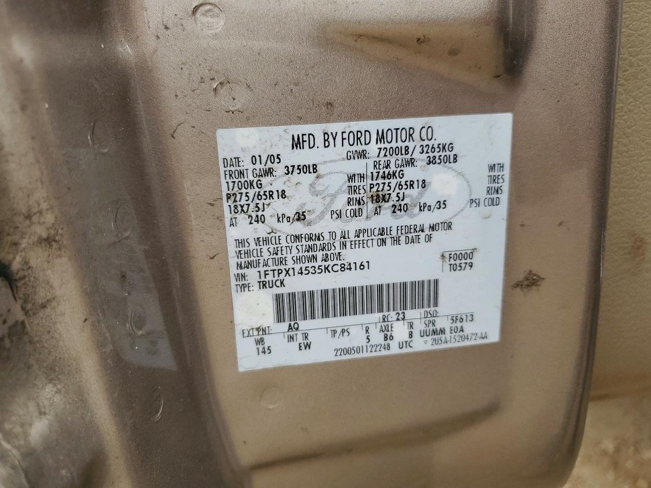 2005 Ford F150 Tan vin: 1FTPX14535KC84161