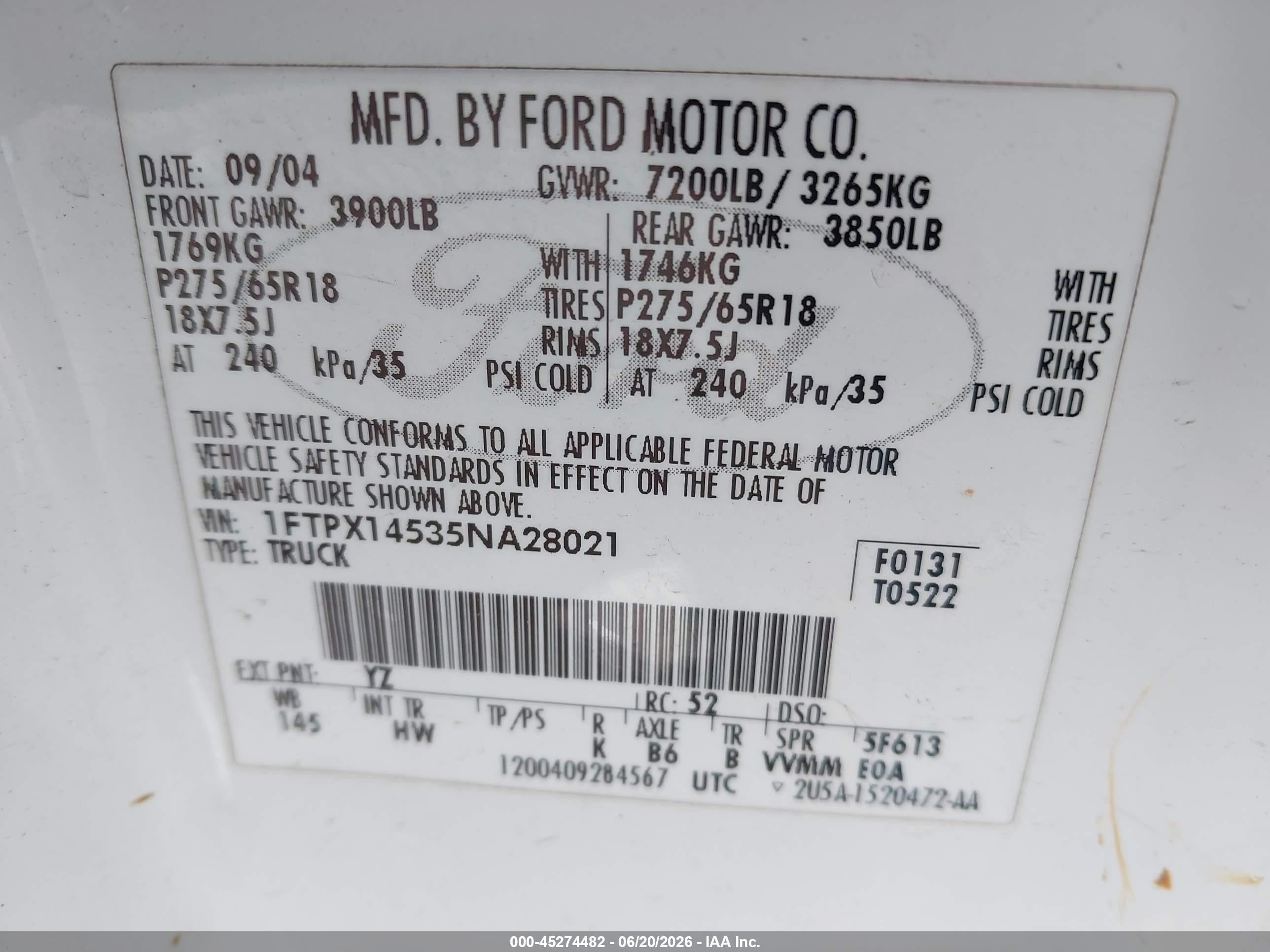 2005 Ford F-150 Fx4/lariat/xl/xlt White vin: 1FTPX14535NA28021