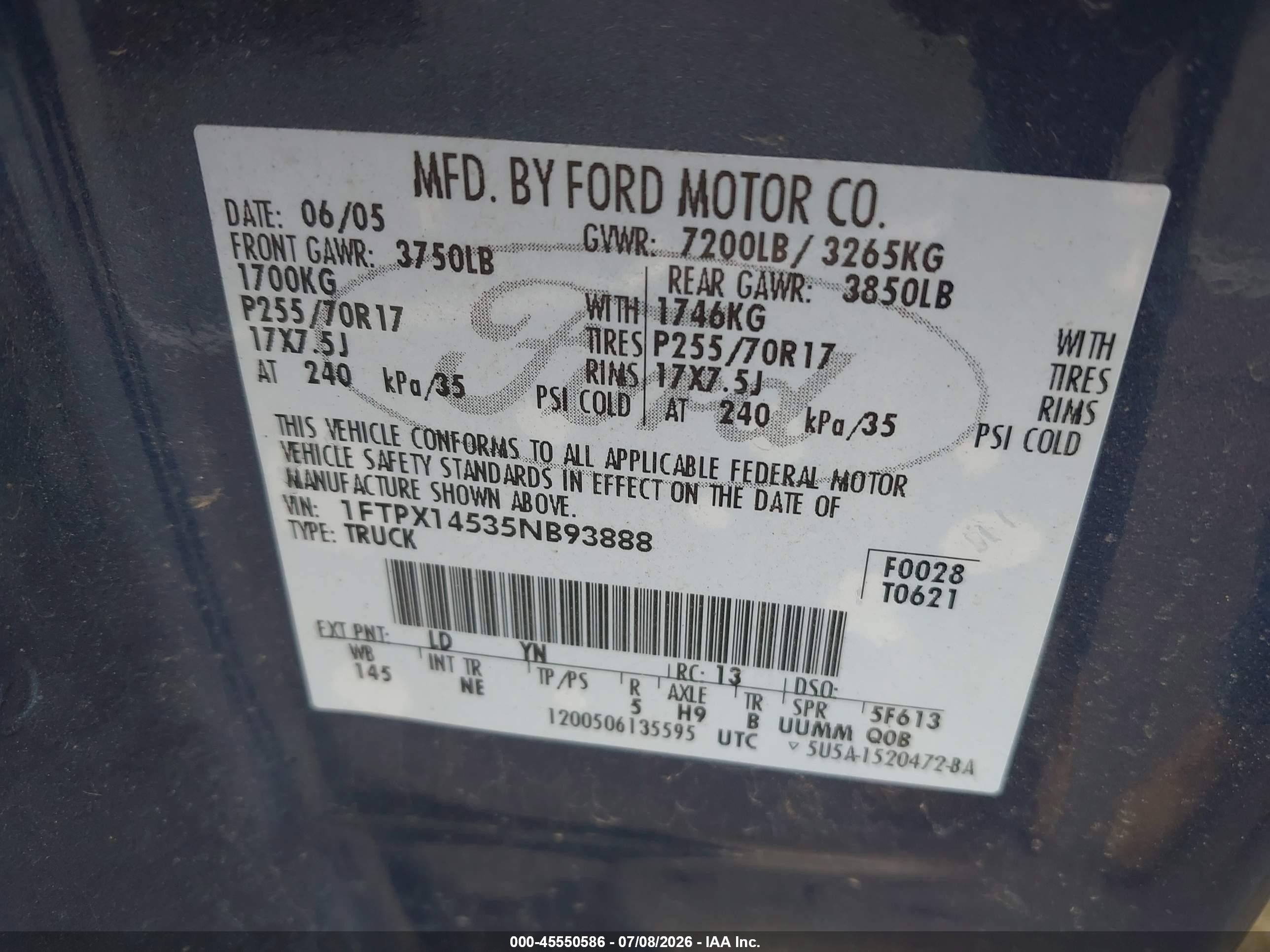 2005 Ford F-150 Fx4/lariat/xl/xlt Blue vin: 1FTPX14535NB93888
