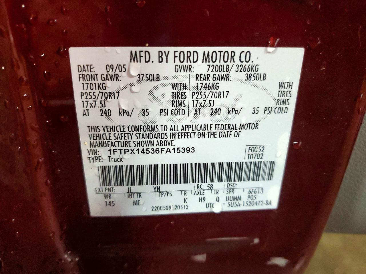 2006 Ford F150 Burgundy vin: 1FTPX14536FA15393