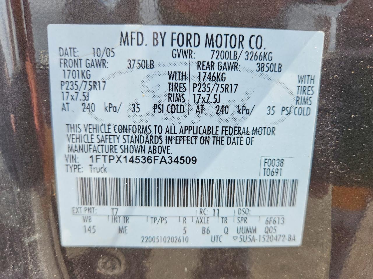2006 Ford F150 Brown vin: 1FTPX14536FA34509